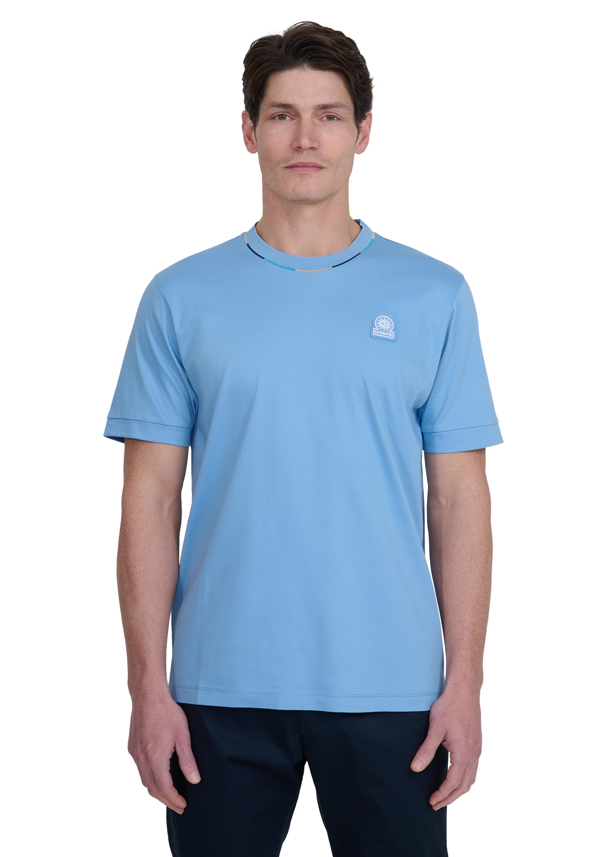 Sandbanks Tri-colour Neck T-Shirt - Dusty Blue
