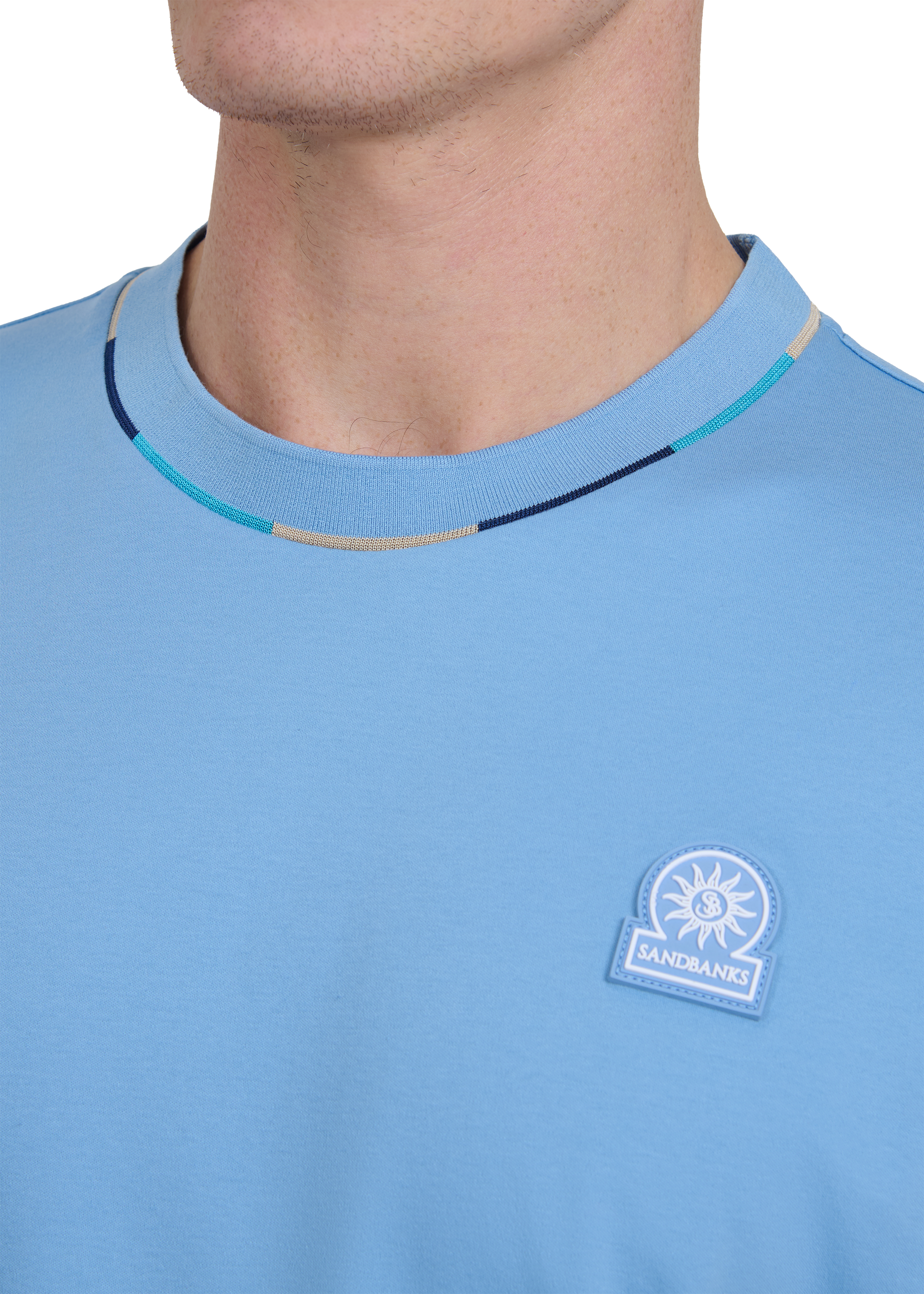 Sandbanks Tri-colour Neck T-Shirt - Dusty Blue