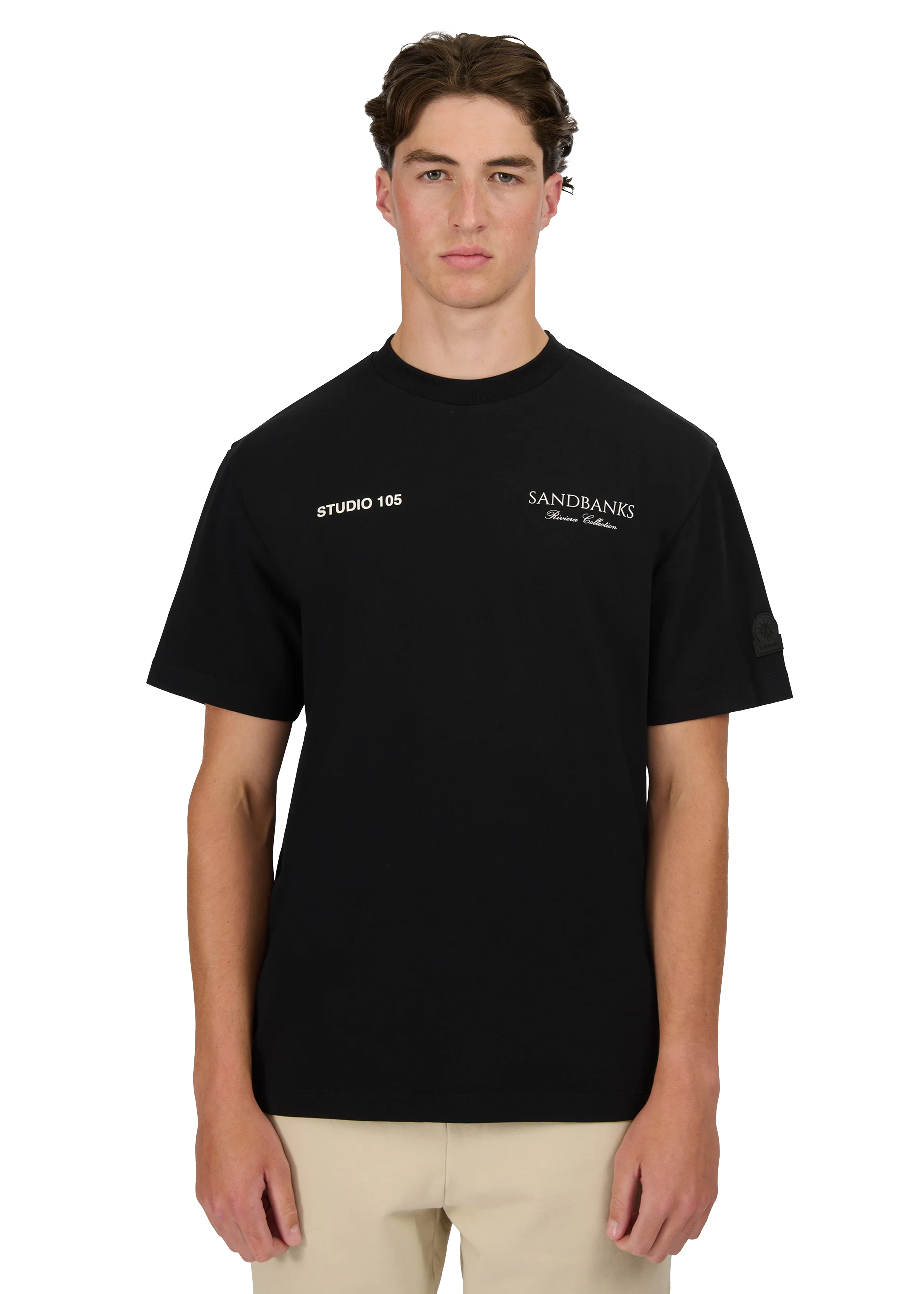 Model wearing Sandbanks Riviera Collection T-Shirt - Black