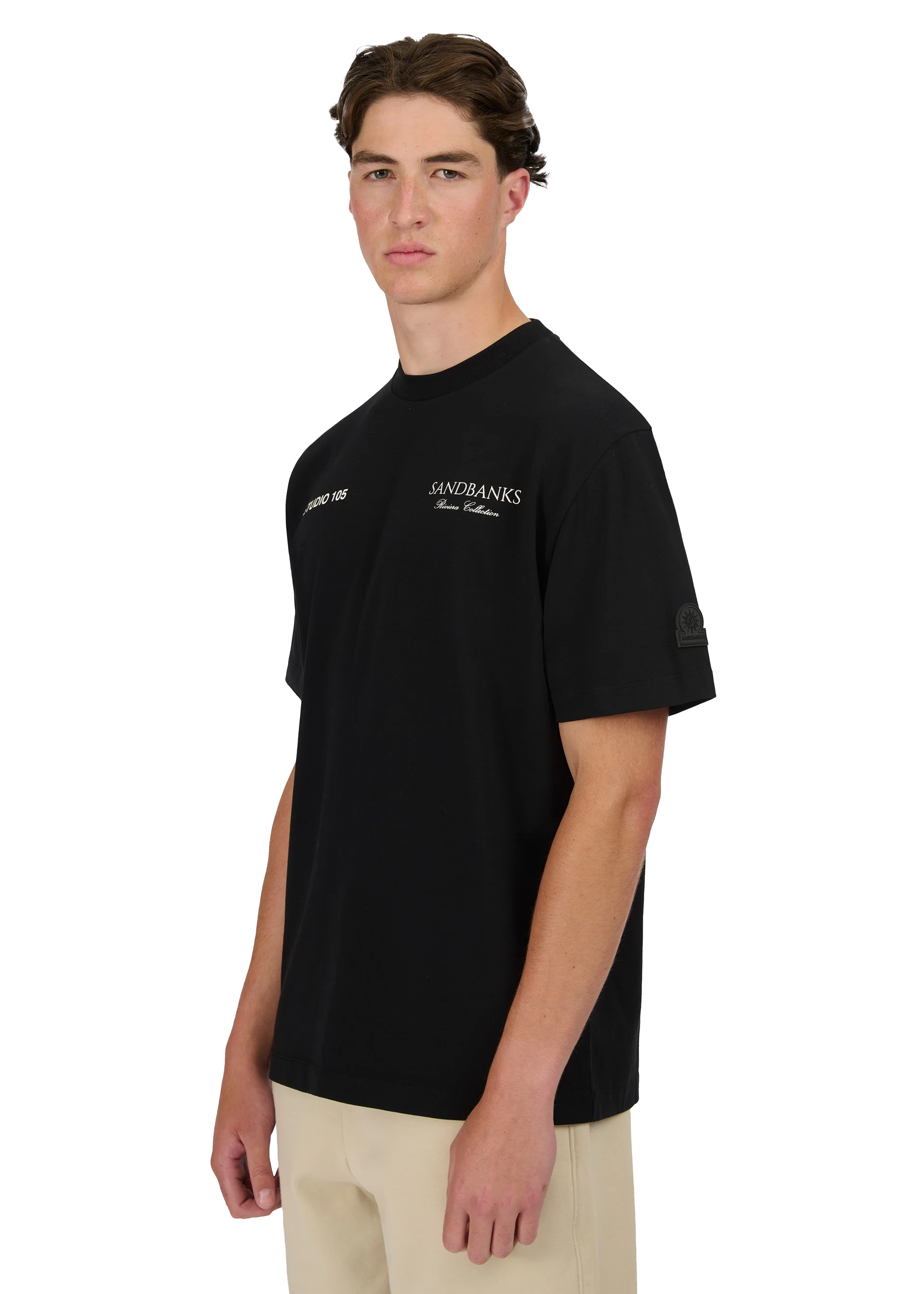 Model wearing Sandbanks Riviera Collection T-Shirt - Black