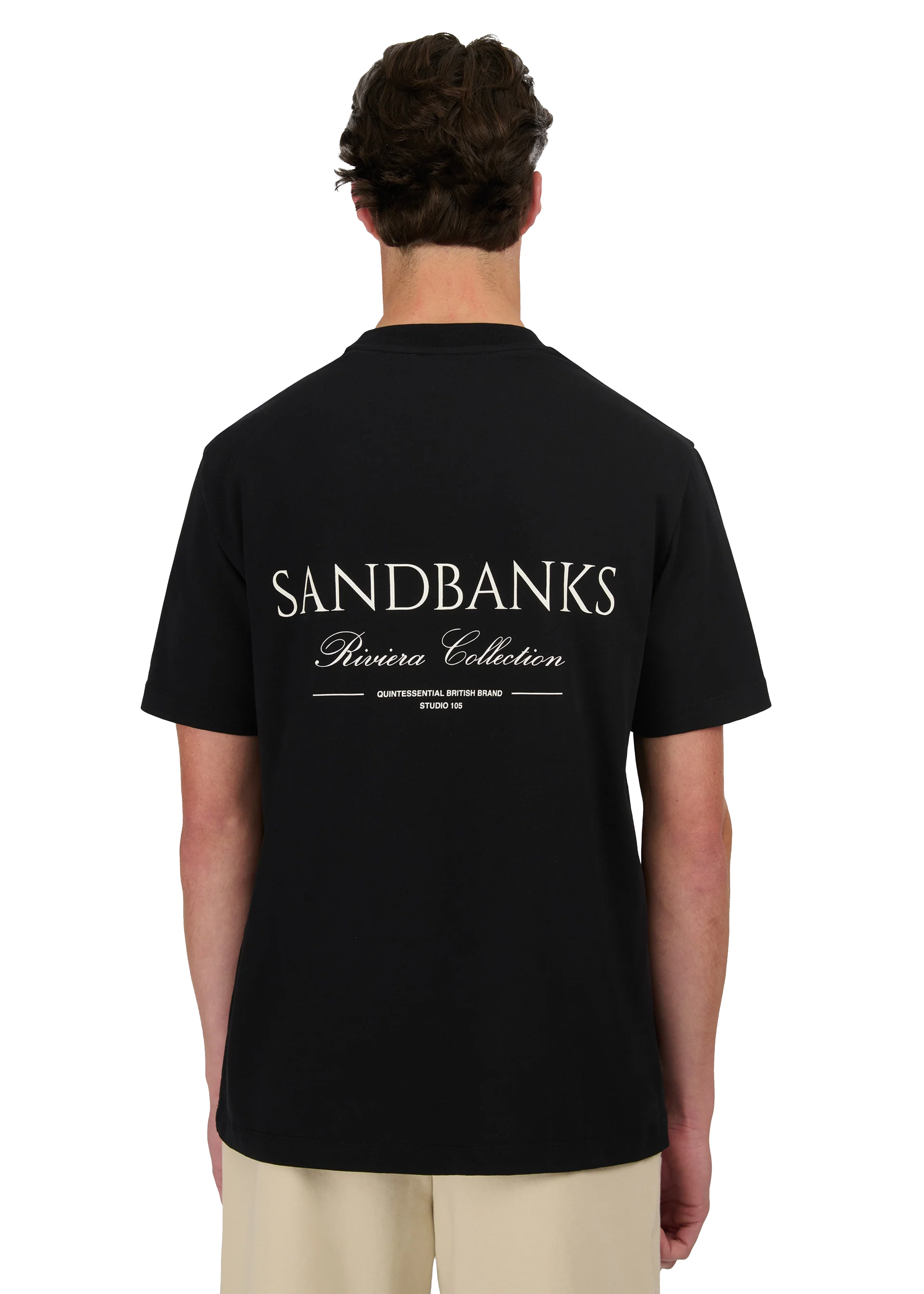 Model wearing Sandbanks Riviera Collection T-Shirt - Black