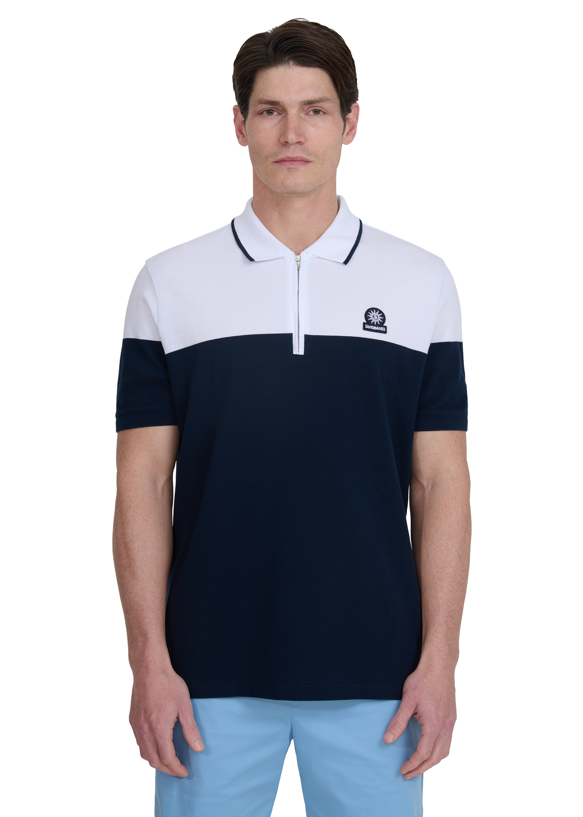 Colour Block Zip Polo Shirt - Navy/White