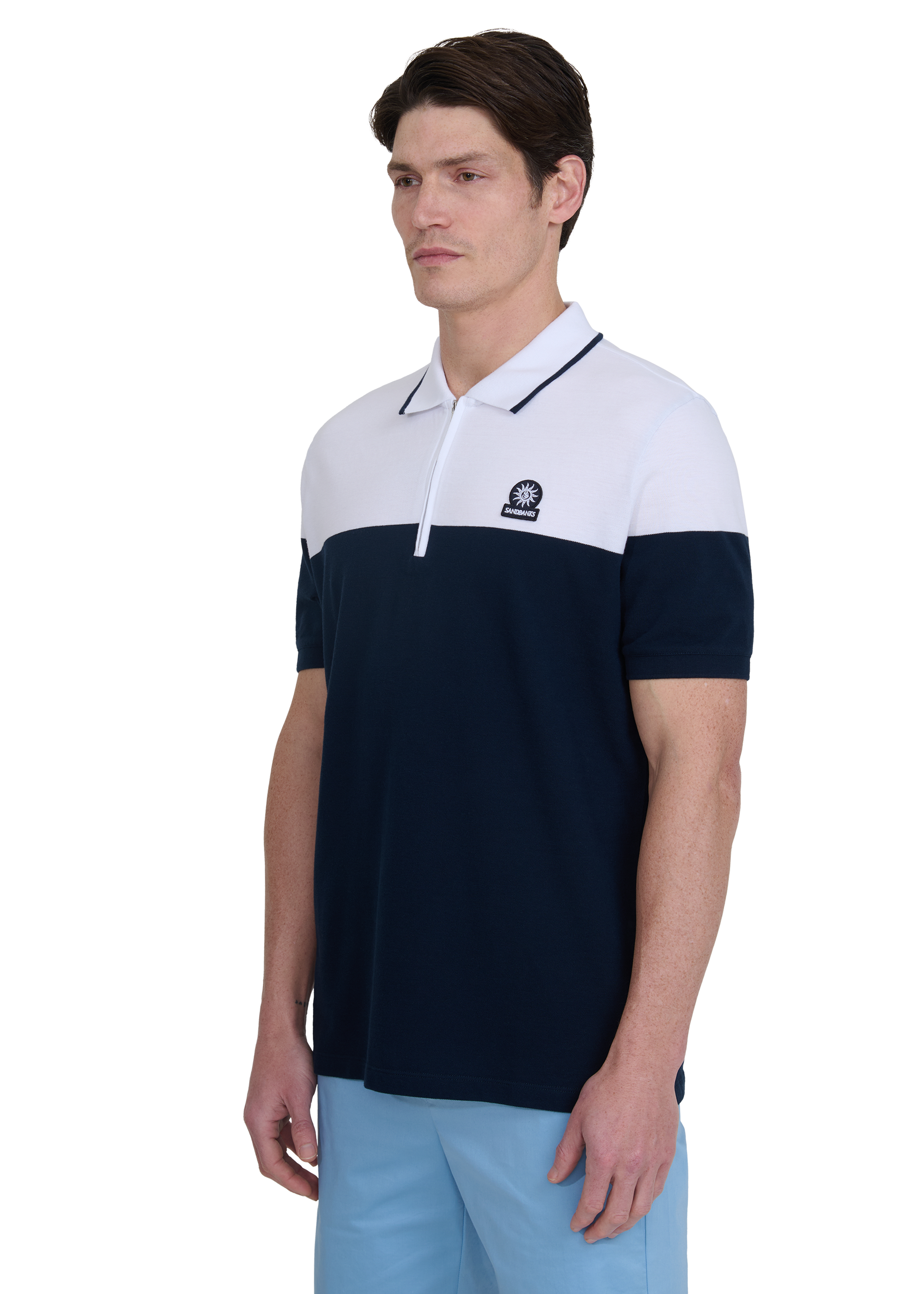 Colour Block Zip Polo Shirt - Navy/White