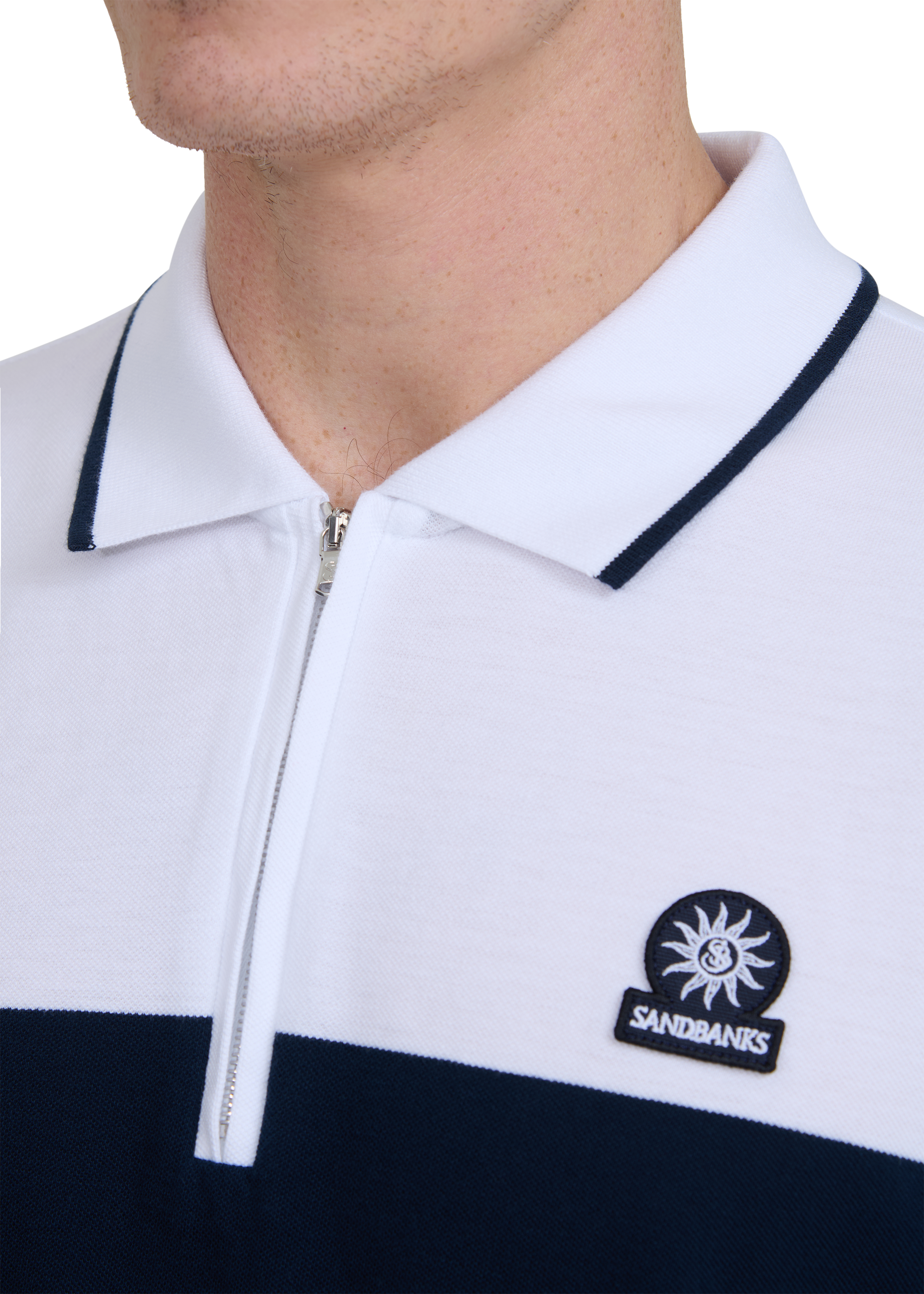 Colour Block Zip Polo Shirt - Navy/White
