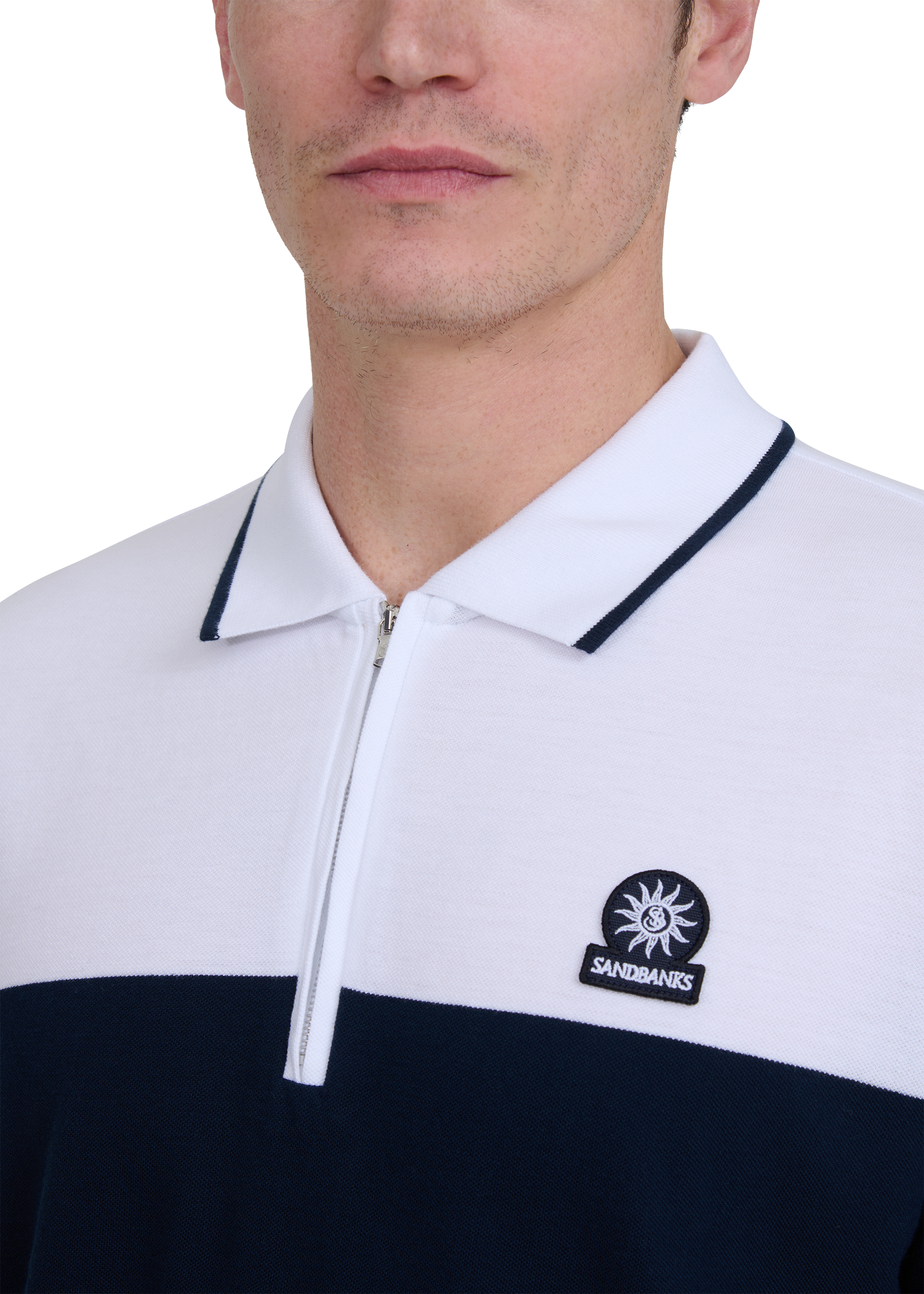 Colour Block Zip Polo Shirt - Navy/White