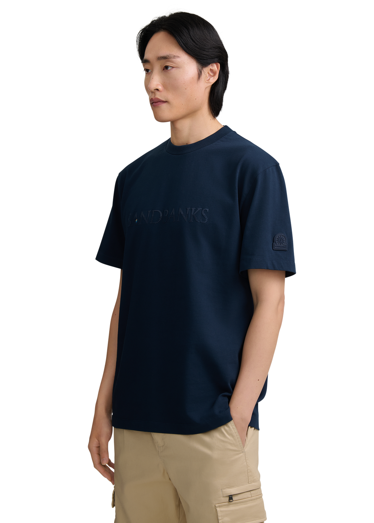 Raised Stripe Logo Print T-Shirt - Navy