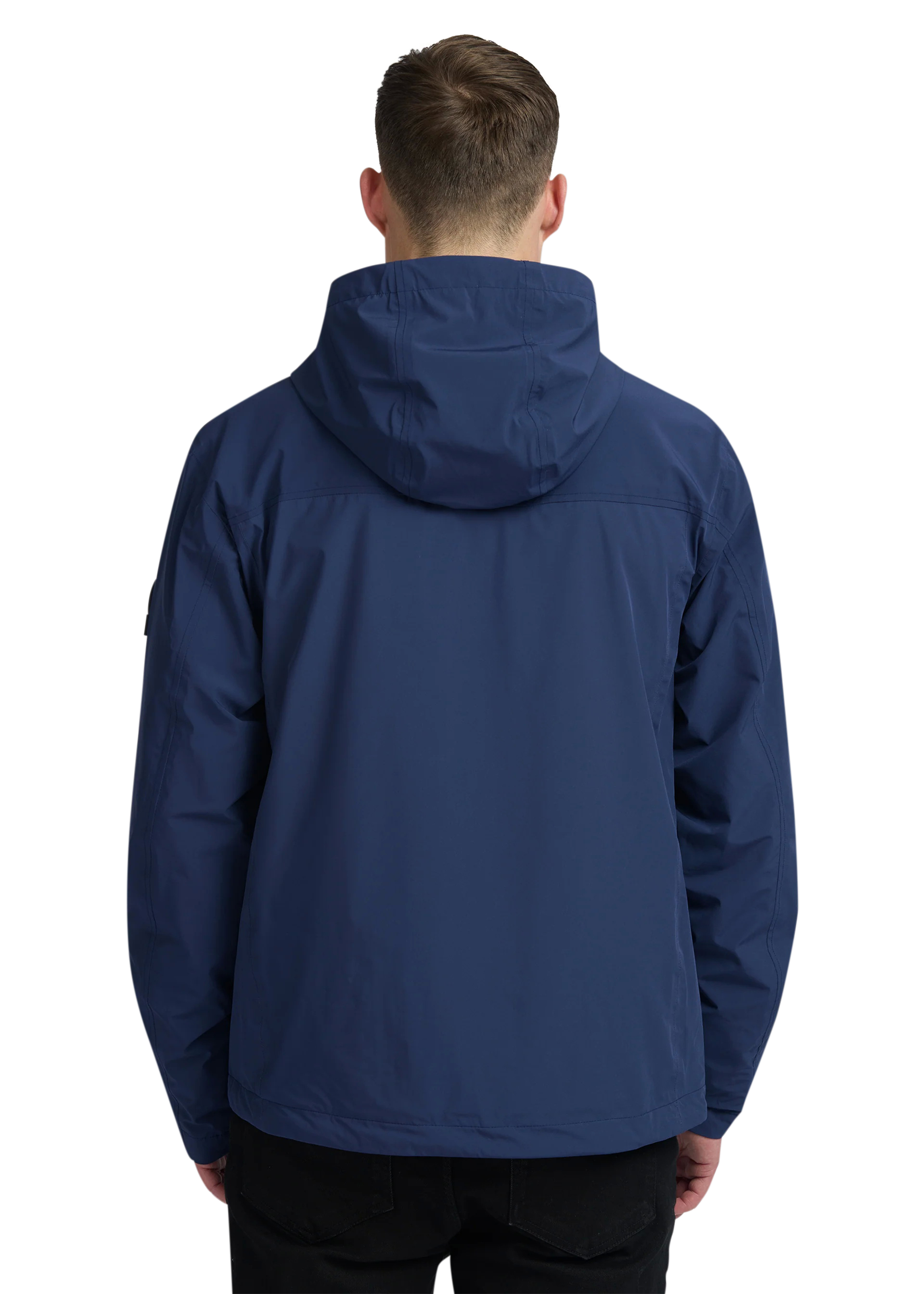 Person wearing a blue jacket with a hood on a white background
