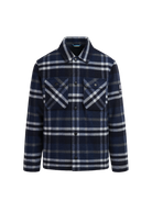 Navy and white plaid shirt with a collar on a white background