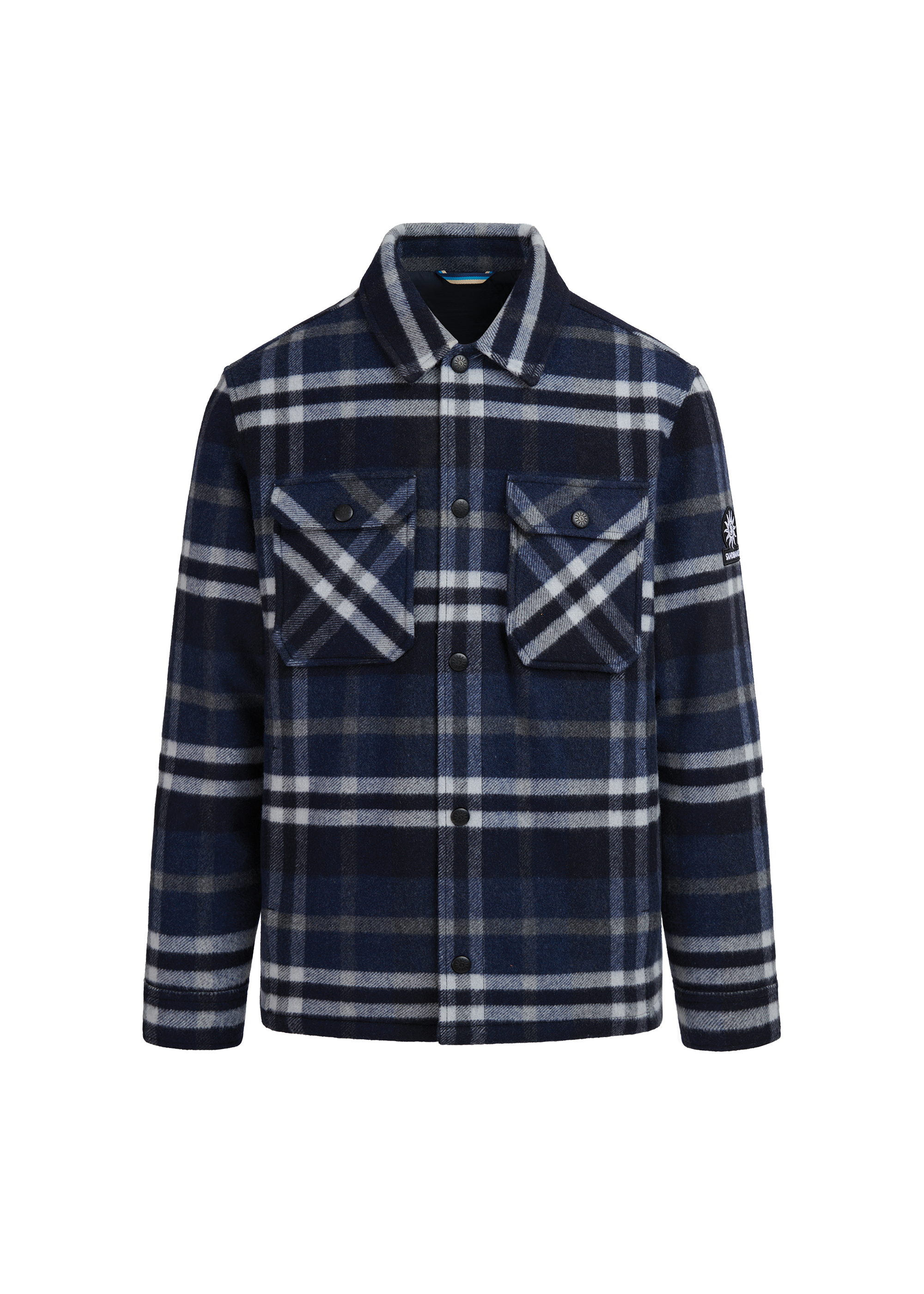 Navy and white plaid shirt with a collar on a white background