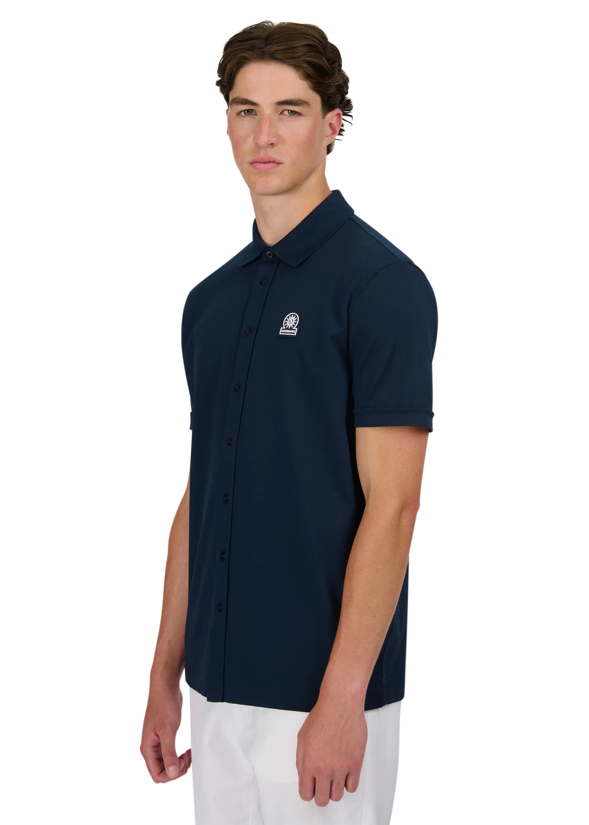 Sandbanks Full Button Interlock Polo Shirt - Navy