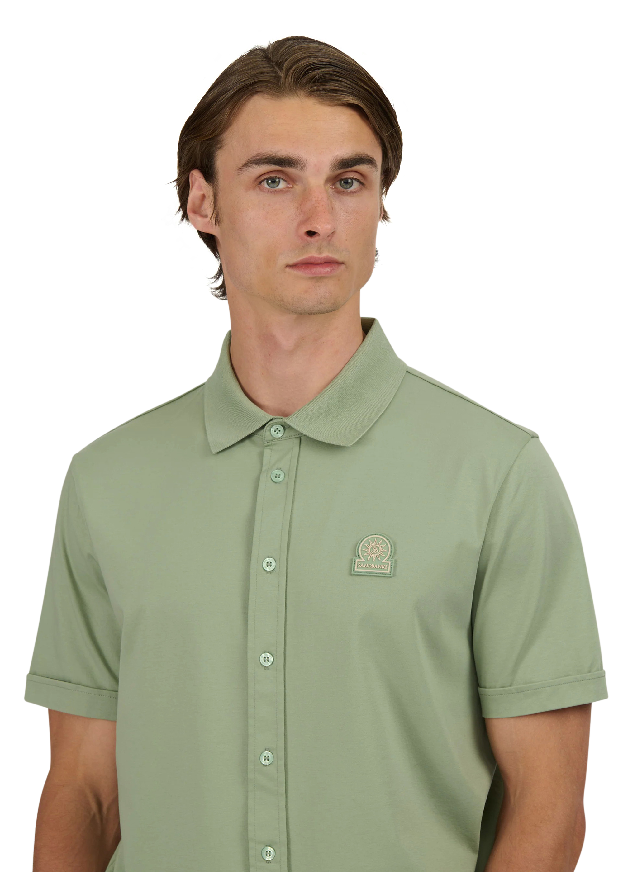 Sandbanks Full Button Interlock Polo Shirt - Sage