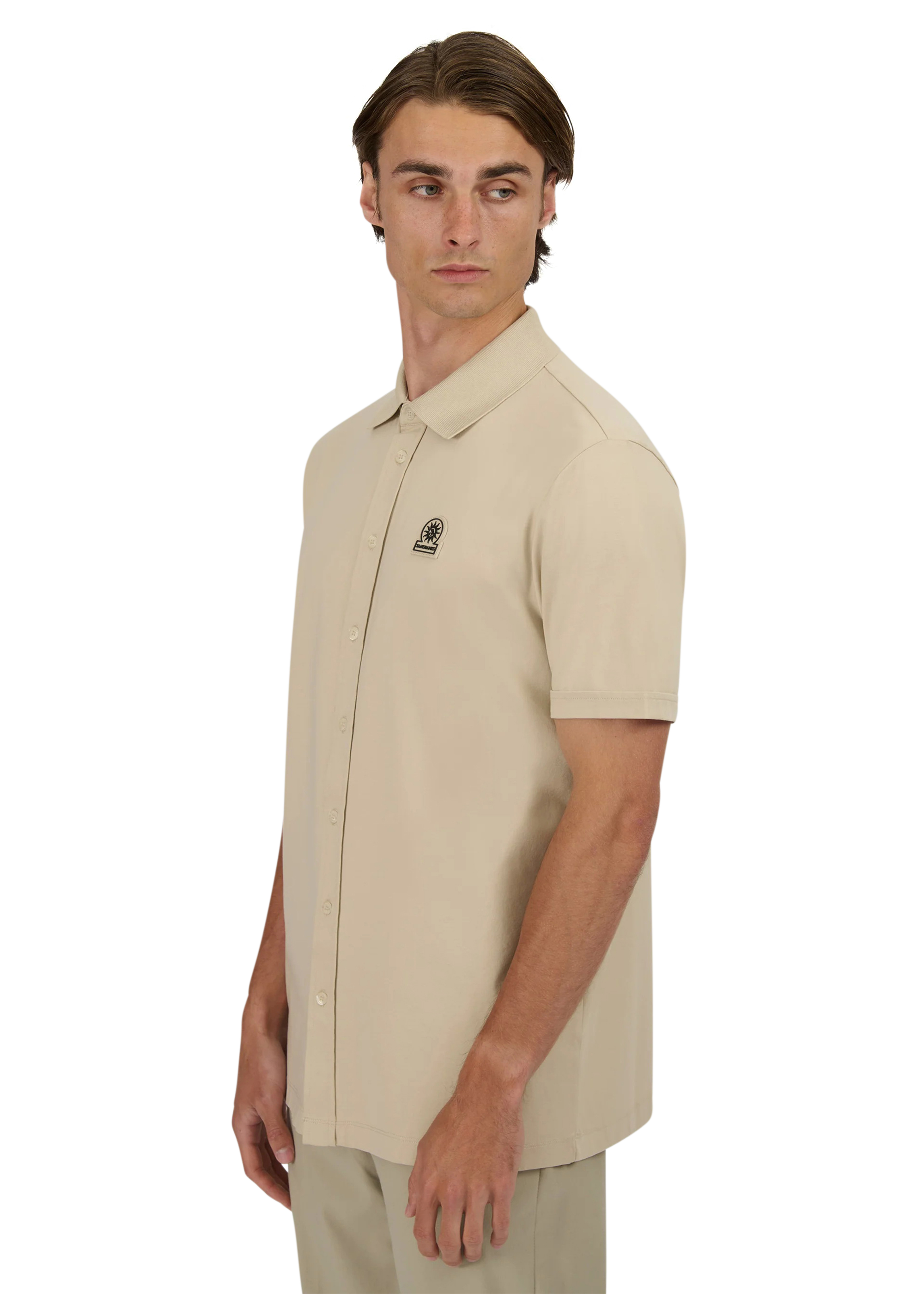 Sandbanks Full Button Interlock Polo Shirt - Stone