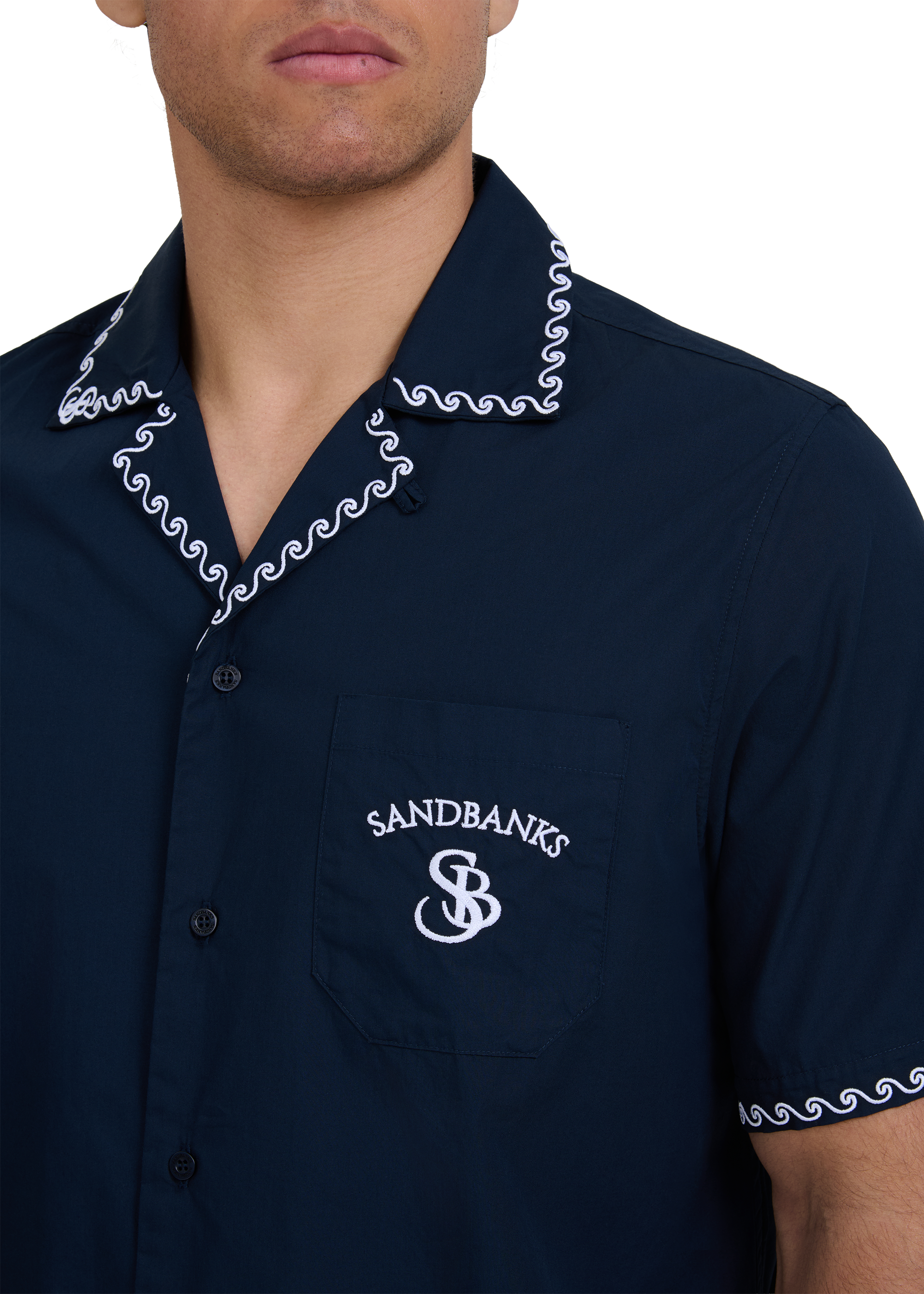 Embroidered Cotton Revere Shirt - Navy