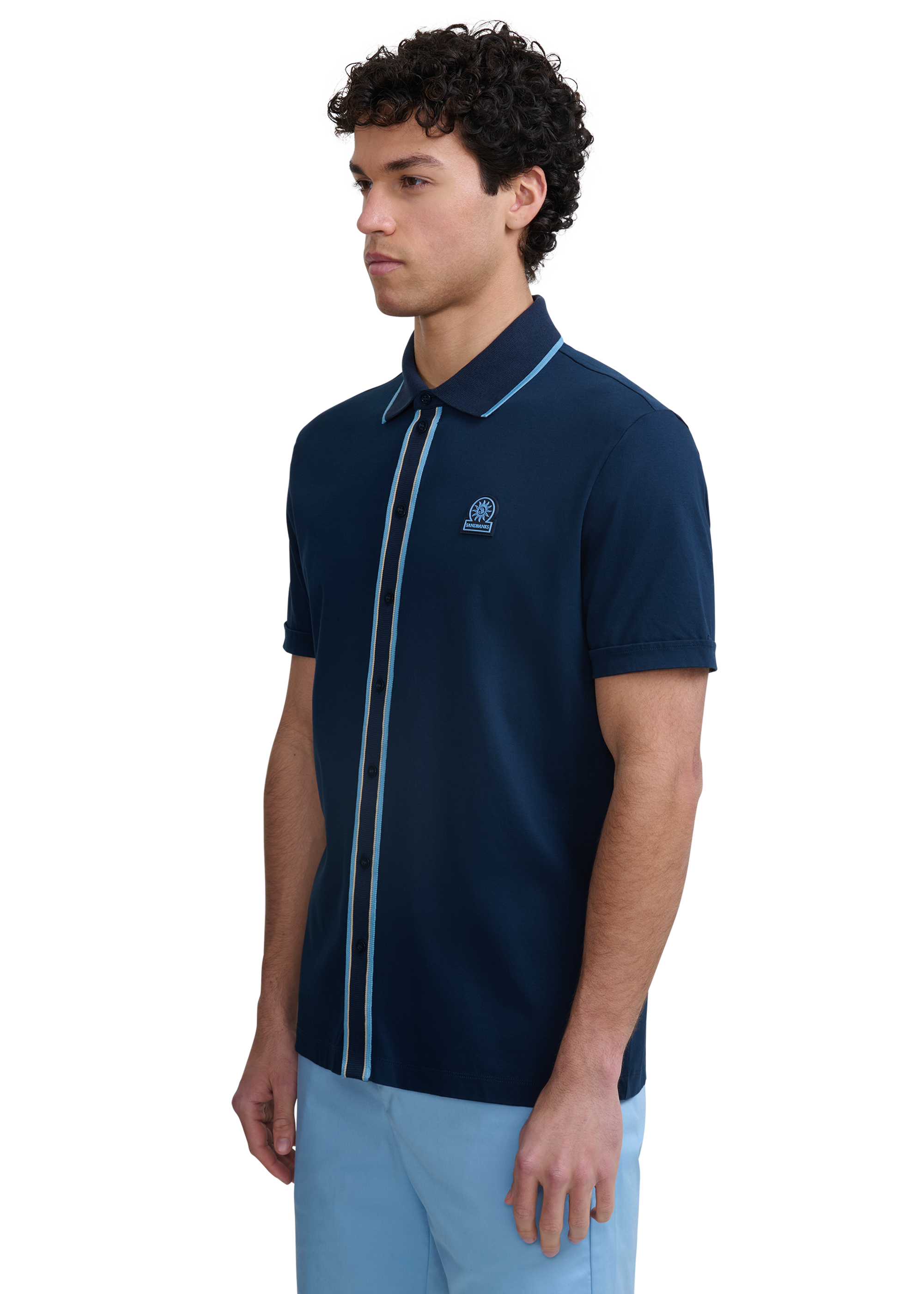 Contrast Tipped Full Button Interlock Polo Shirt - Navy