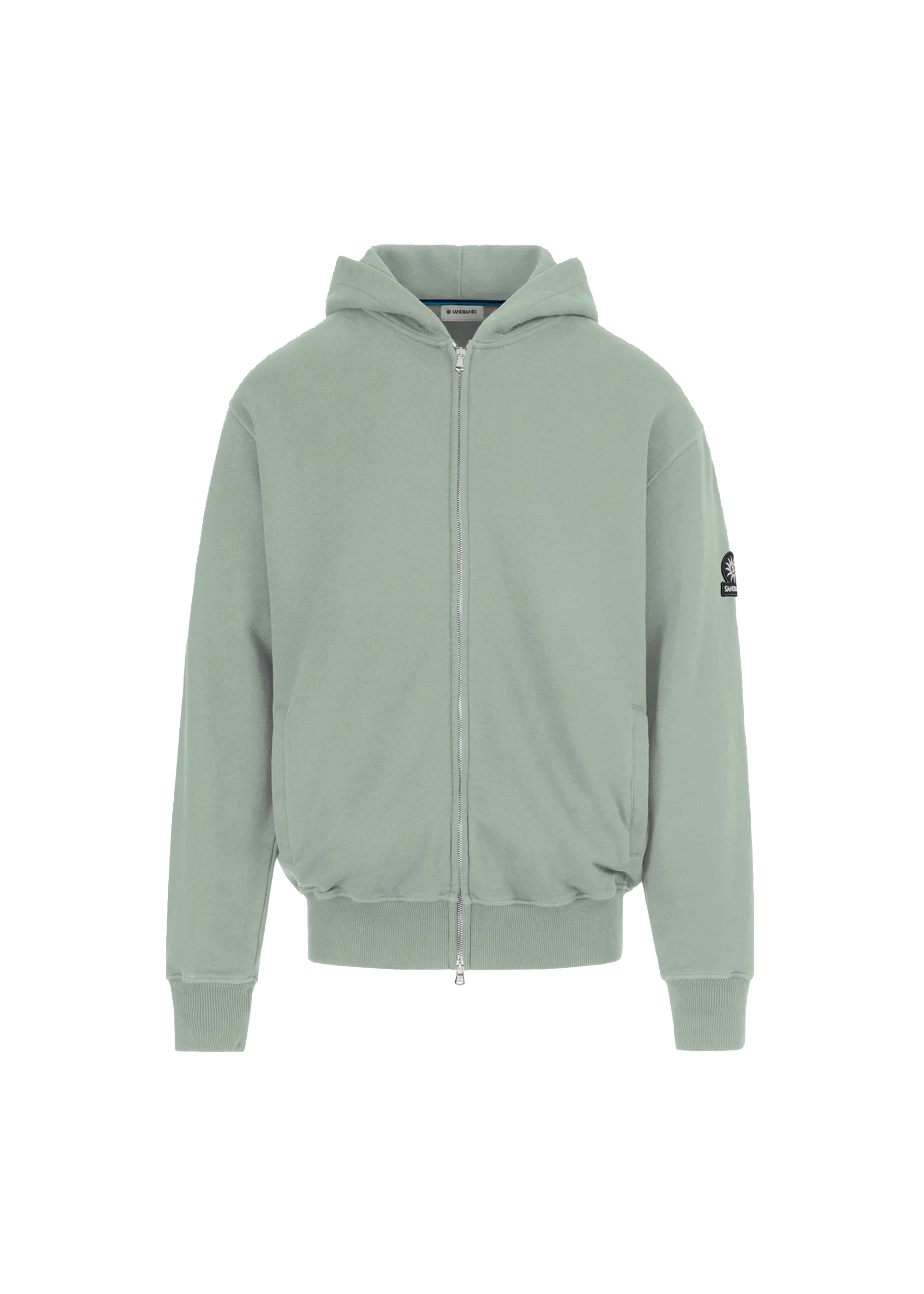 Green hoodie with a brand logo on a white background