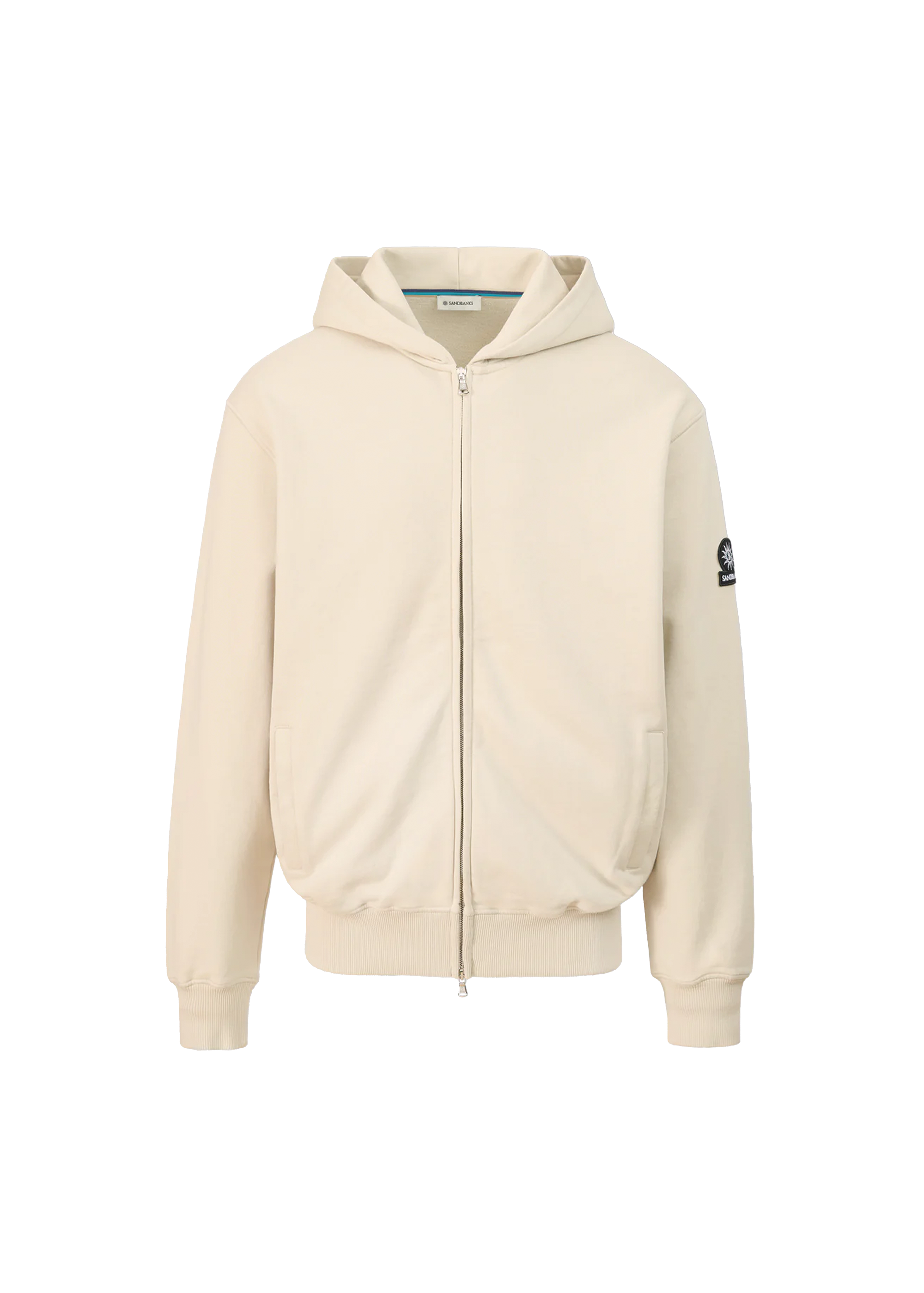 Beige hoodie with a brand logo on the sleeve against a white background