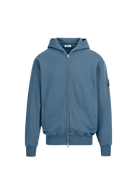 Blue hoodie with a brand logo on a white background