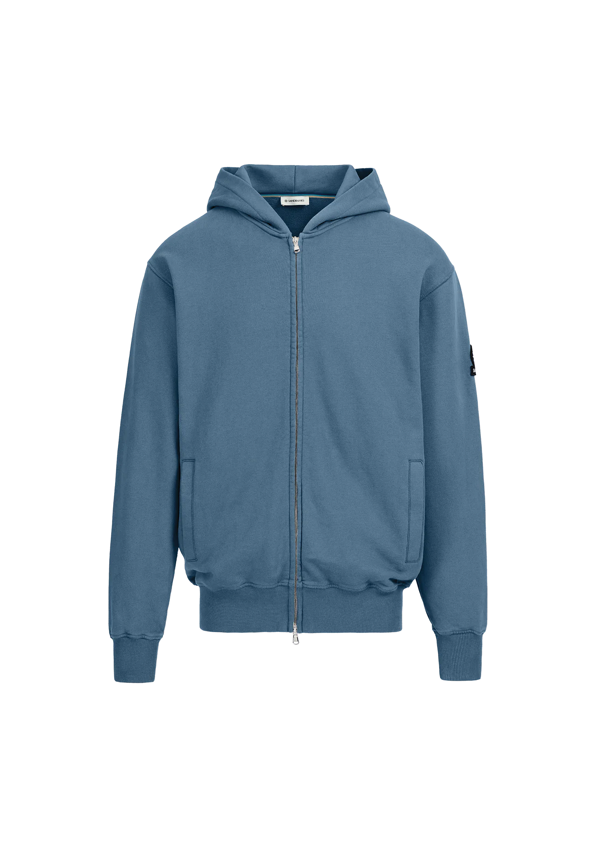 Blue hoodie with a brand logo on a white background