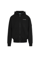 Black hoodie with a brand logo on a white background