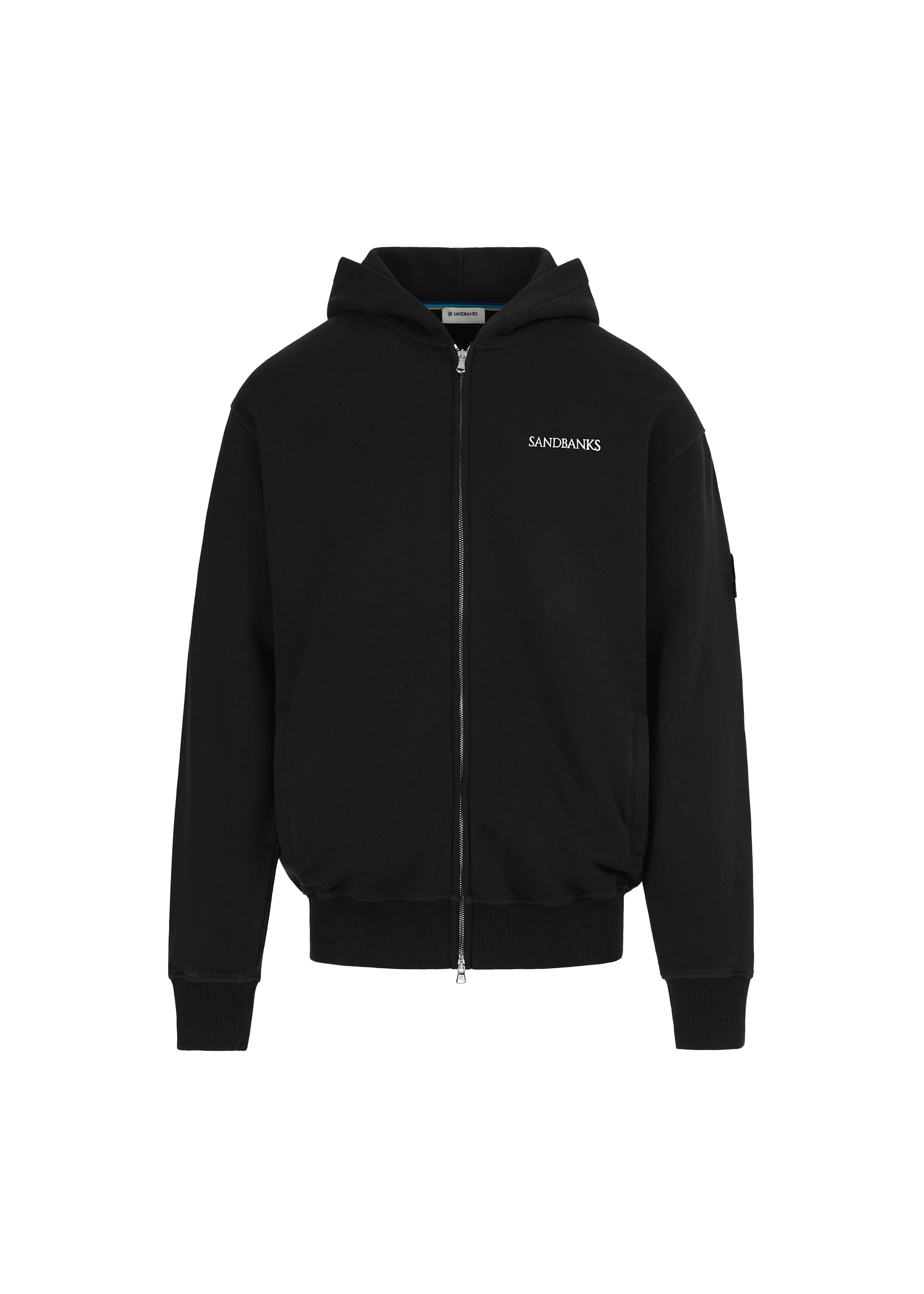 Black hoodie with a brand logo on a white background