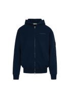 Navy blue hoodie with a brand logo on a white background