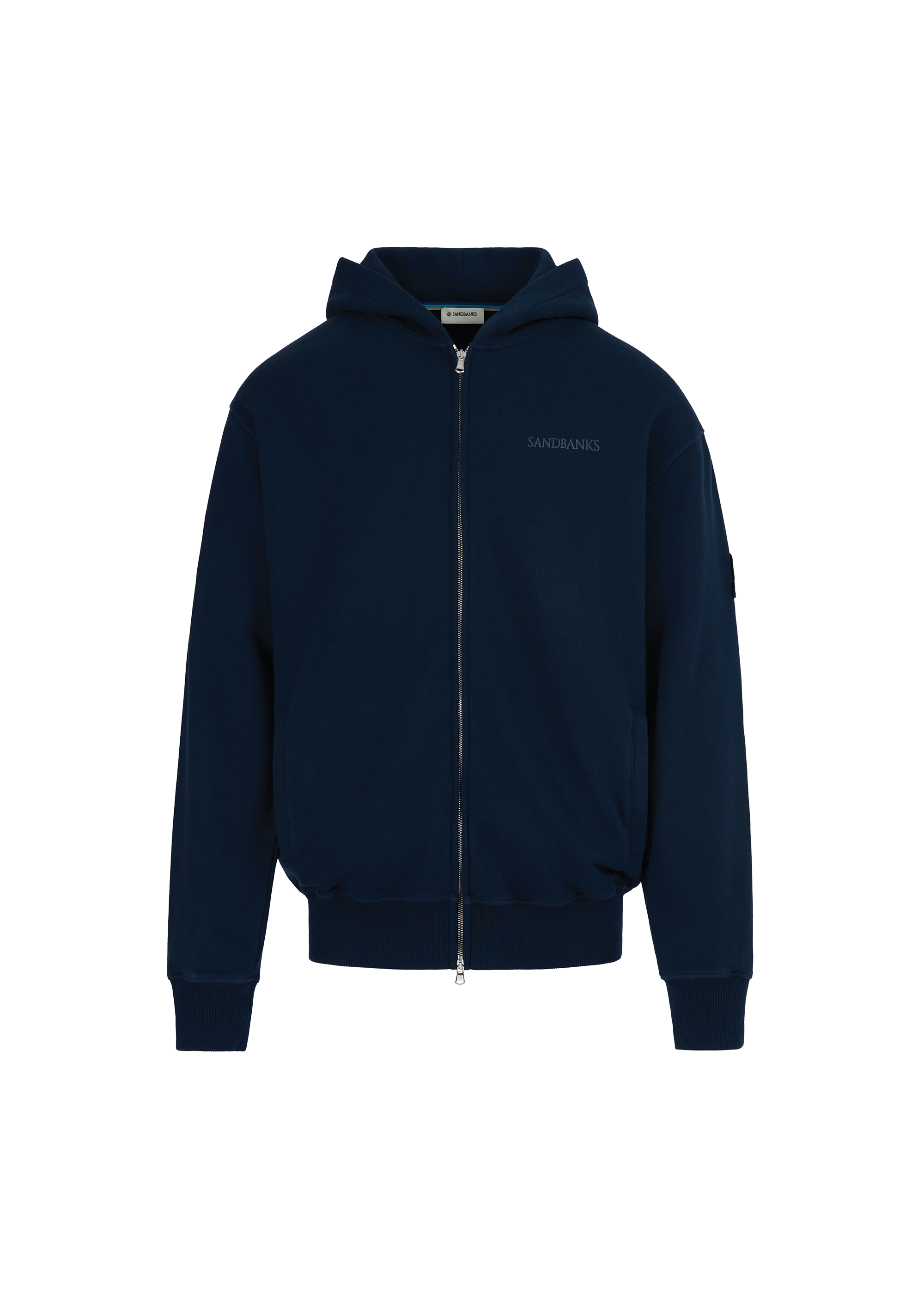 Navy blue hoodie with a brand logo on a white background