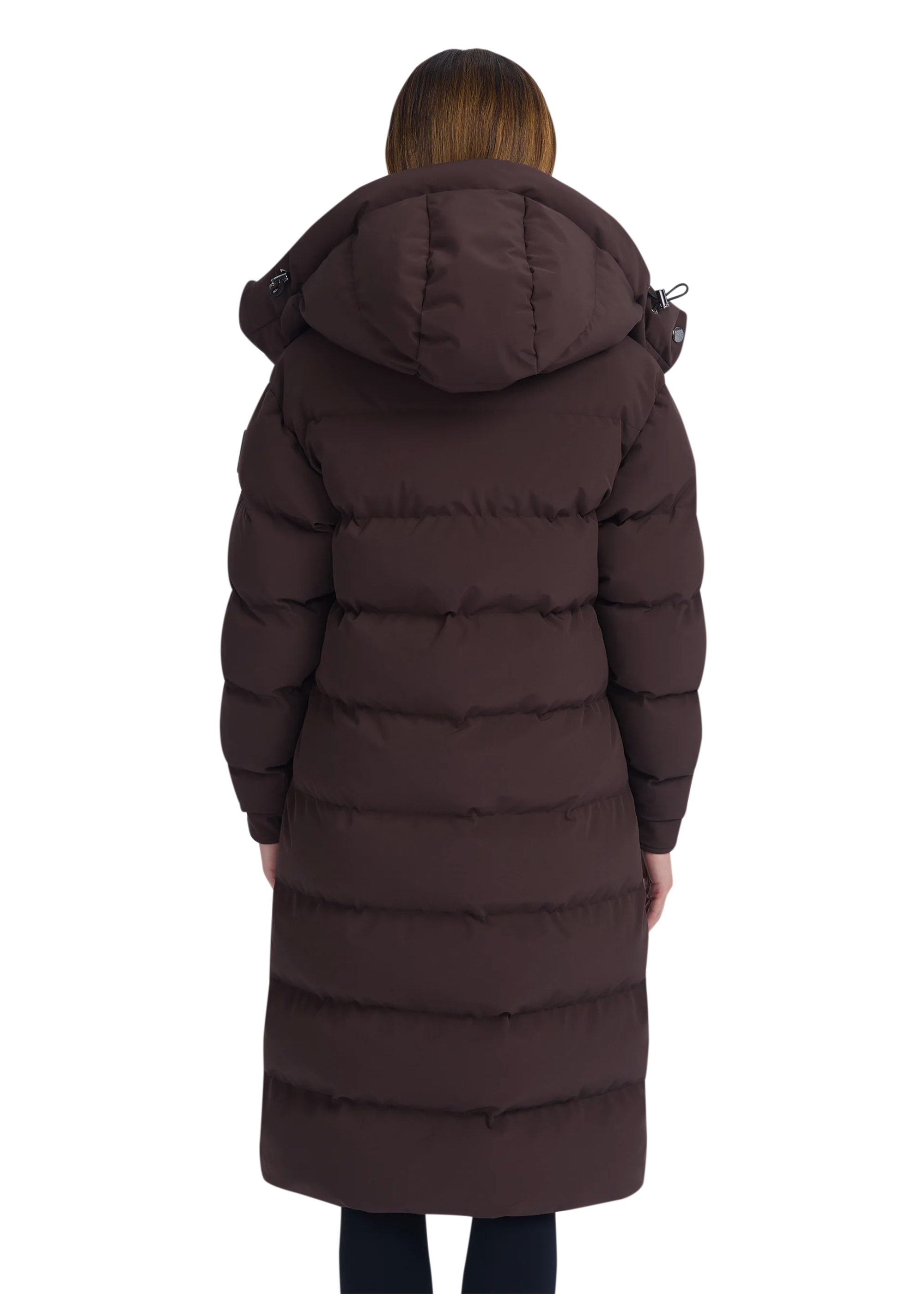 Long brown puffer coat with a hood on a white background