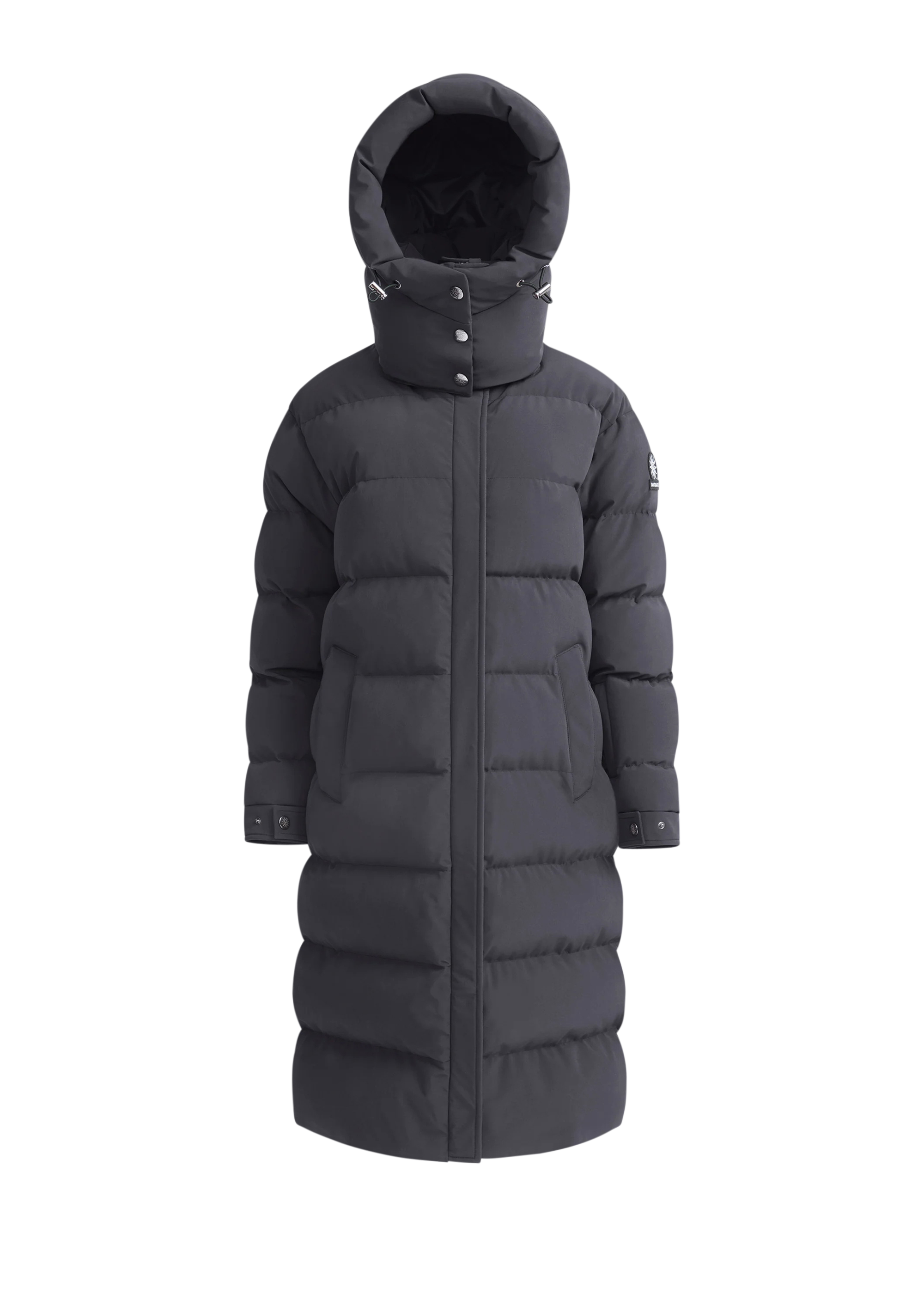 Long black puffer coat with a hood on a white background