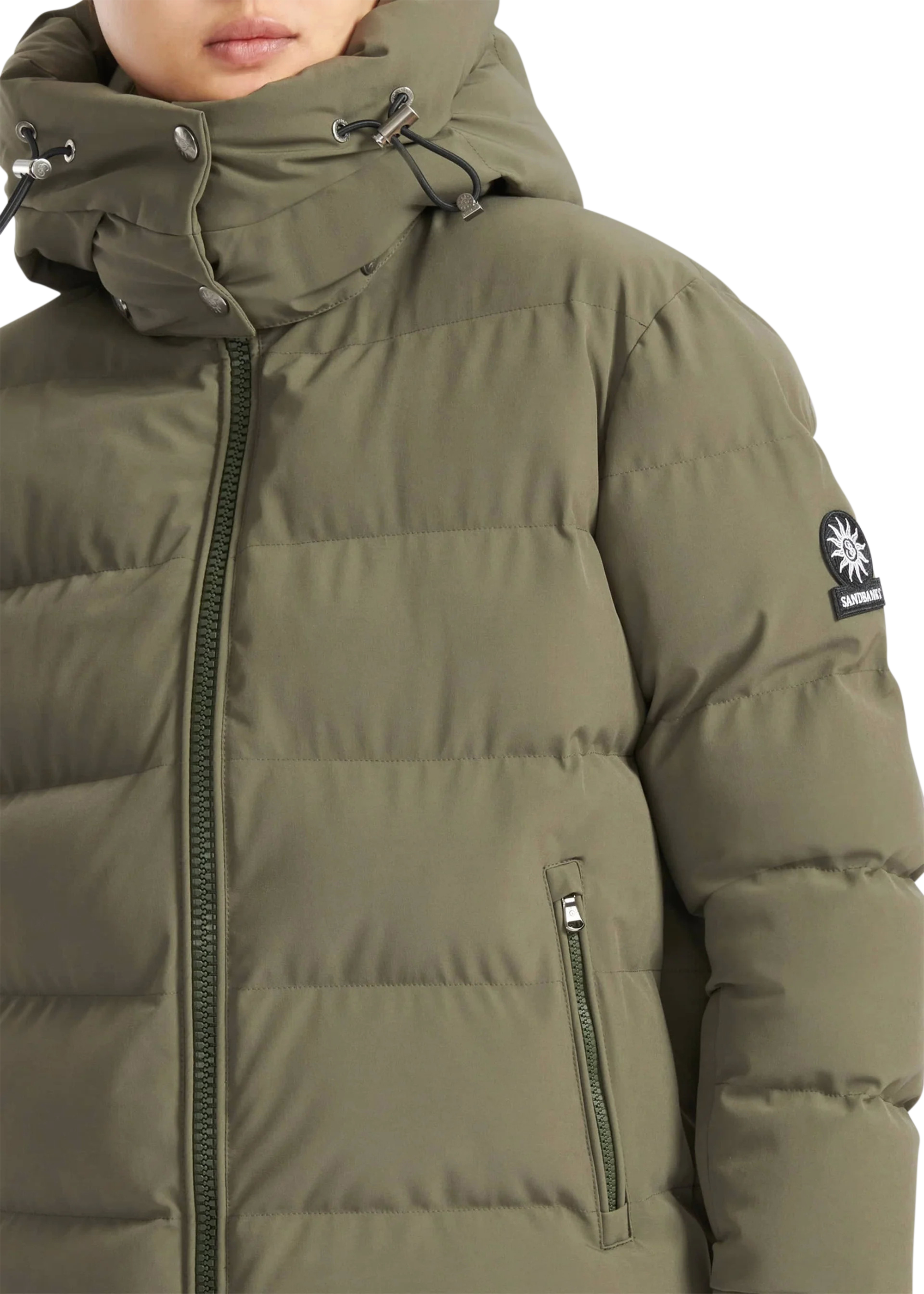 Green puffer jacket with a brand logo on a white background