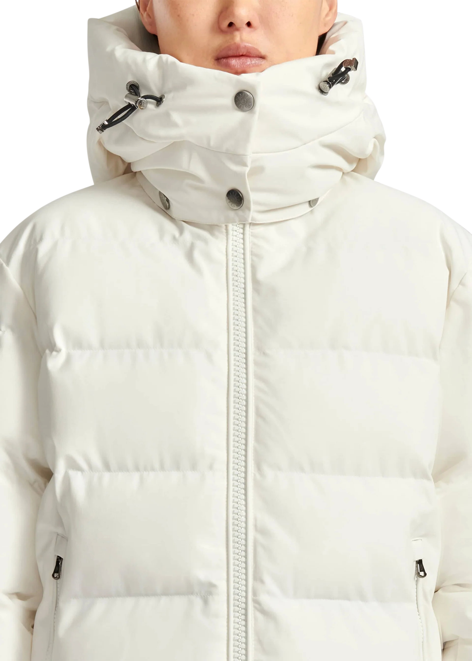 White puffer jacket with a hood worn by a person on a white background