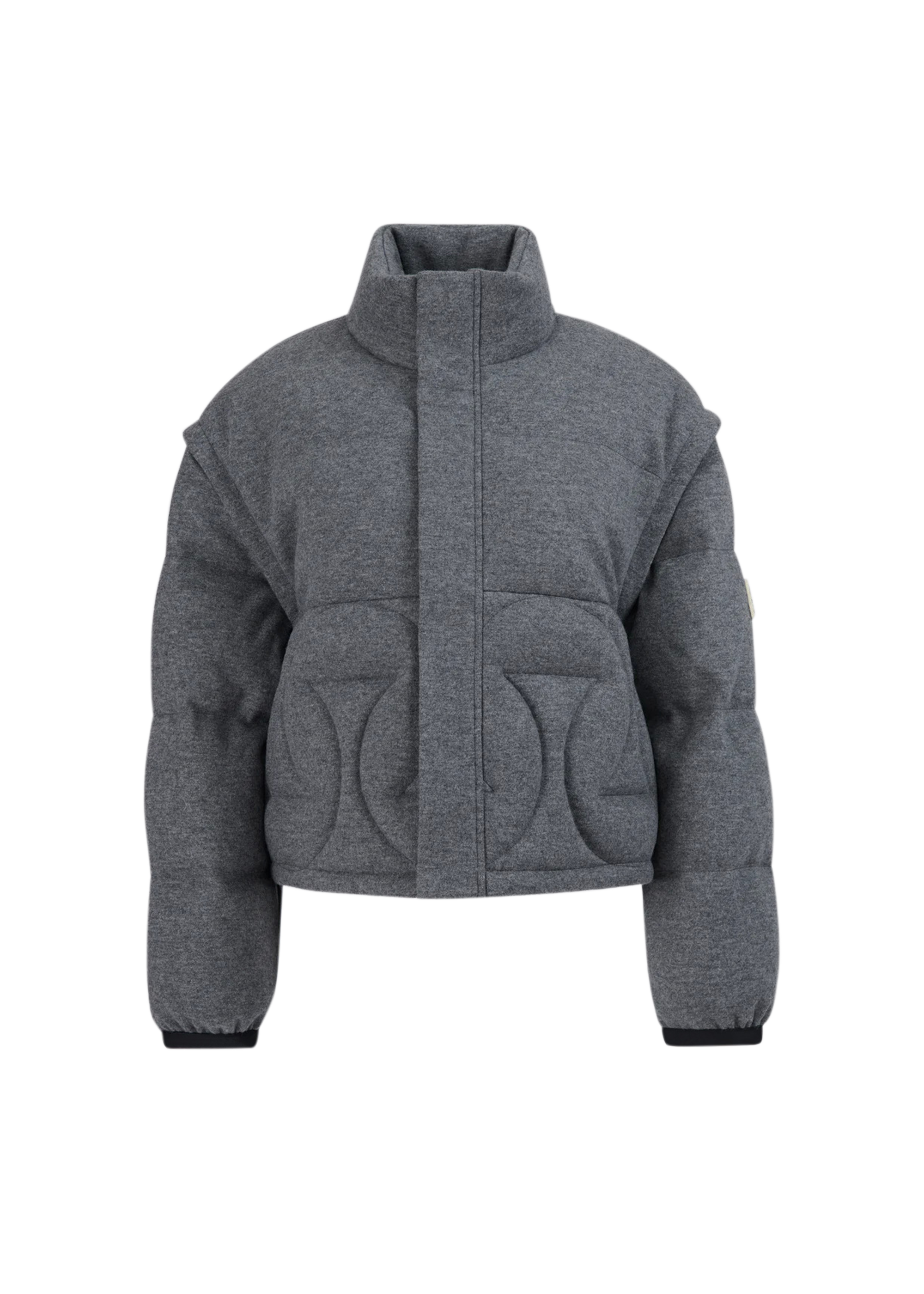 Gray quilted jacket with a brand logo on a white background