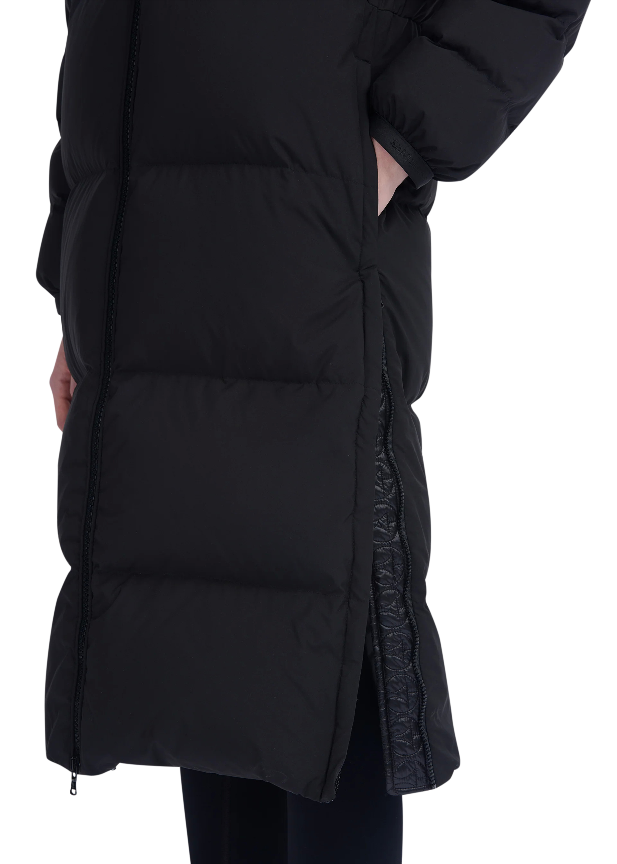Black puffer coat on a white background