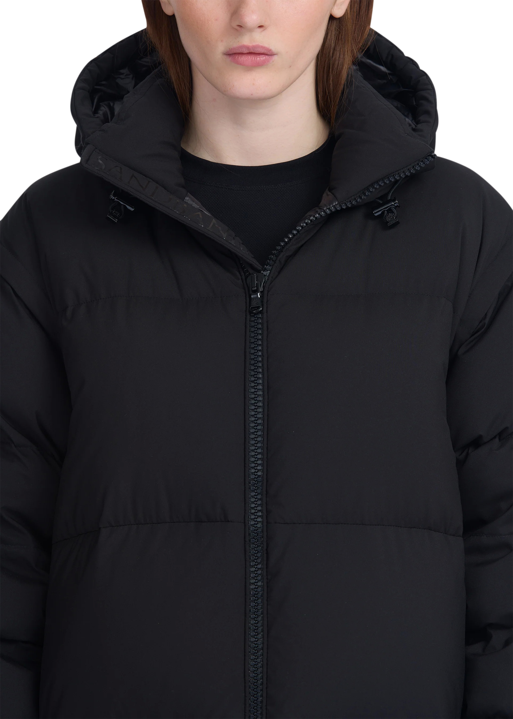 Person wearing a black puffer jacket with a hood on a white background