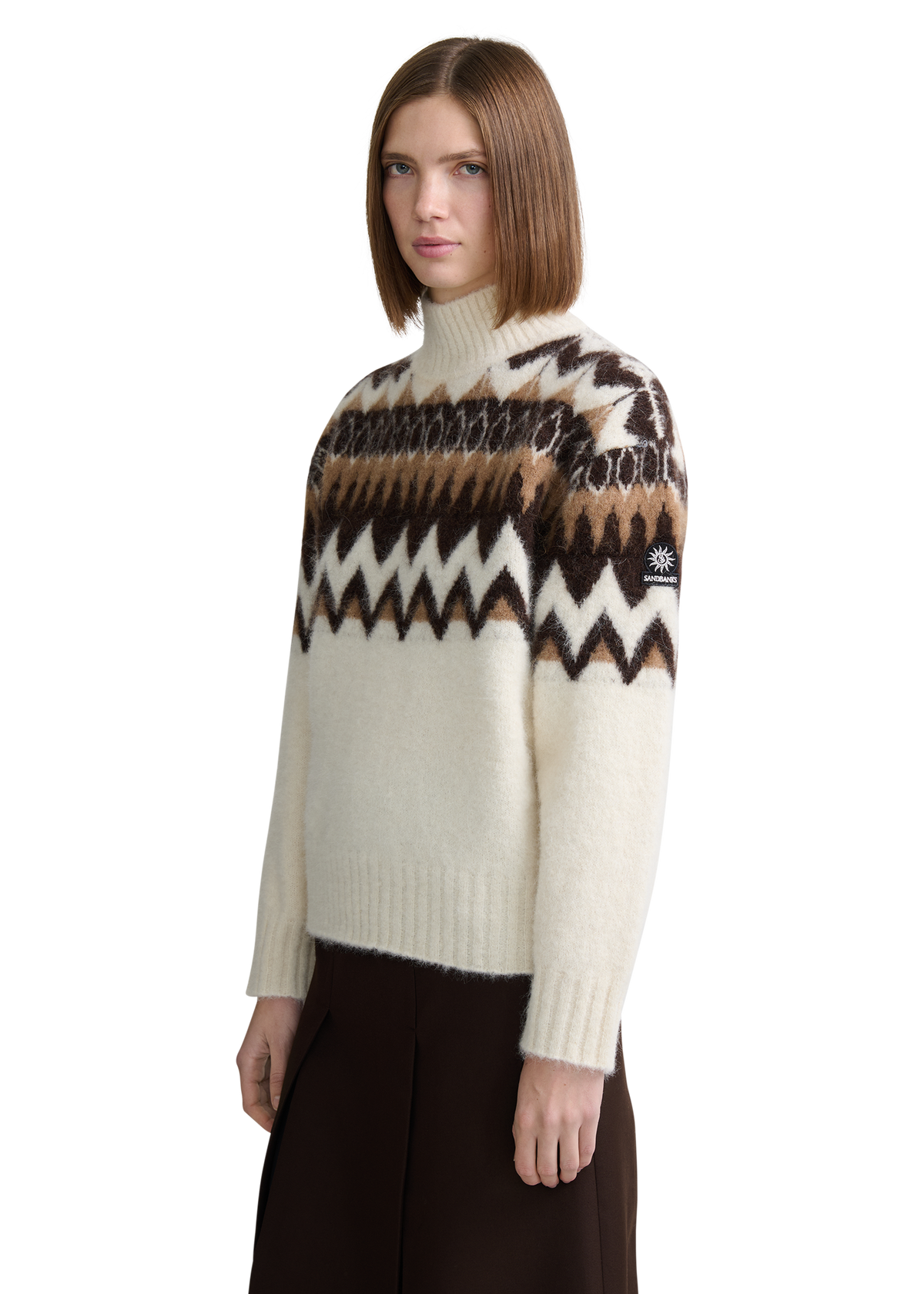 Alpaca Intarsia High Neck Jumper - Ecru