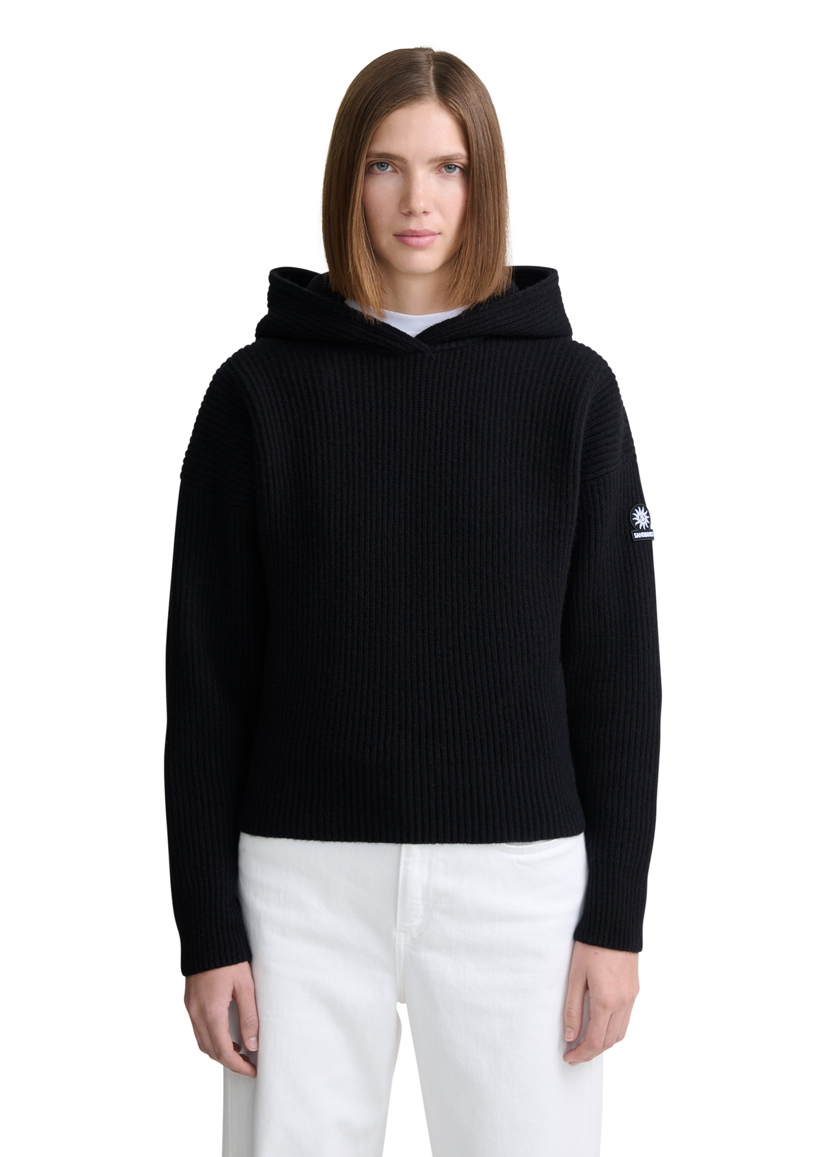 Wool Ribbed Knit Hoodie - Black