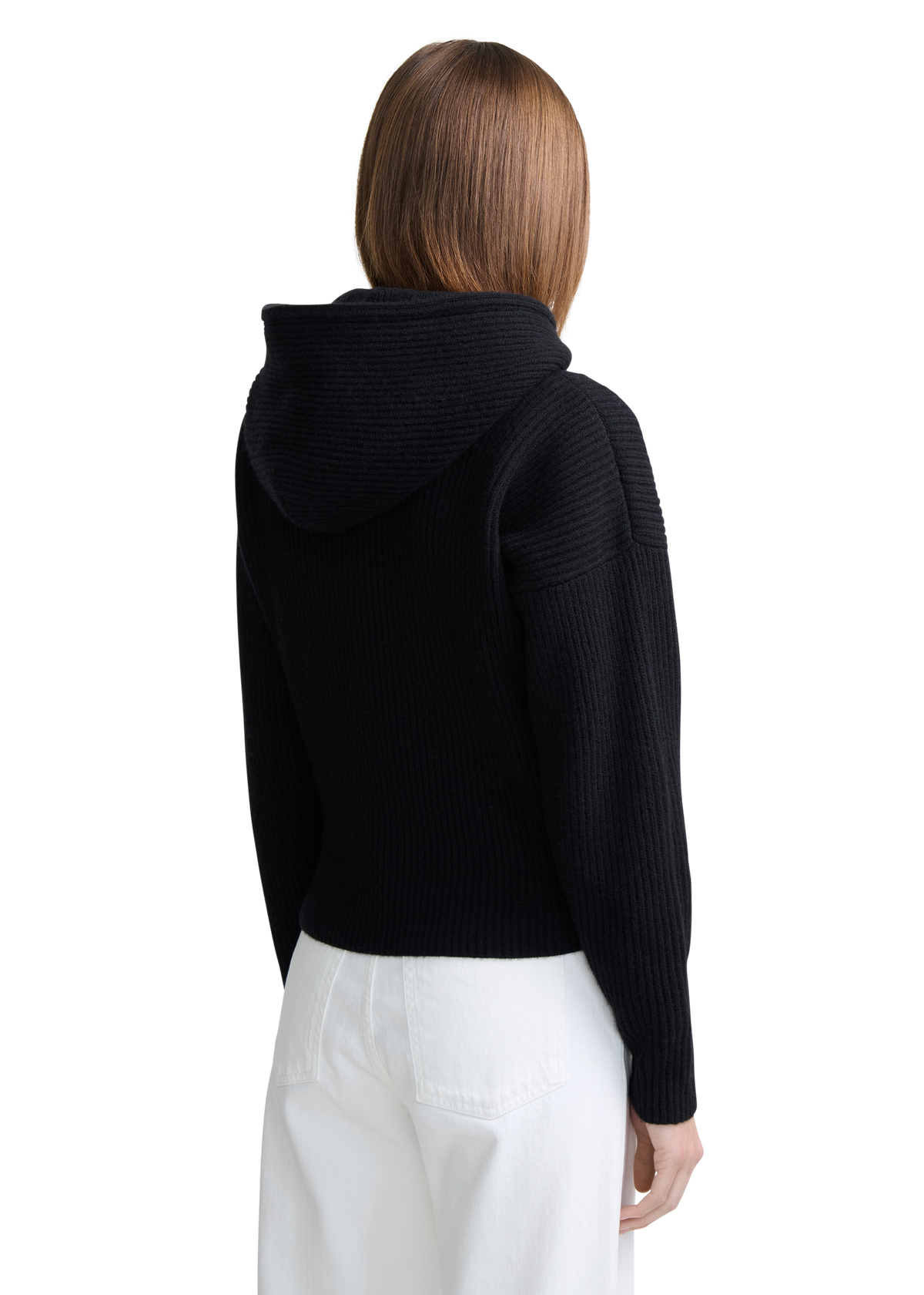 Wool Ribbed Knit Hoodie - Black