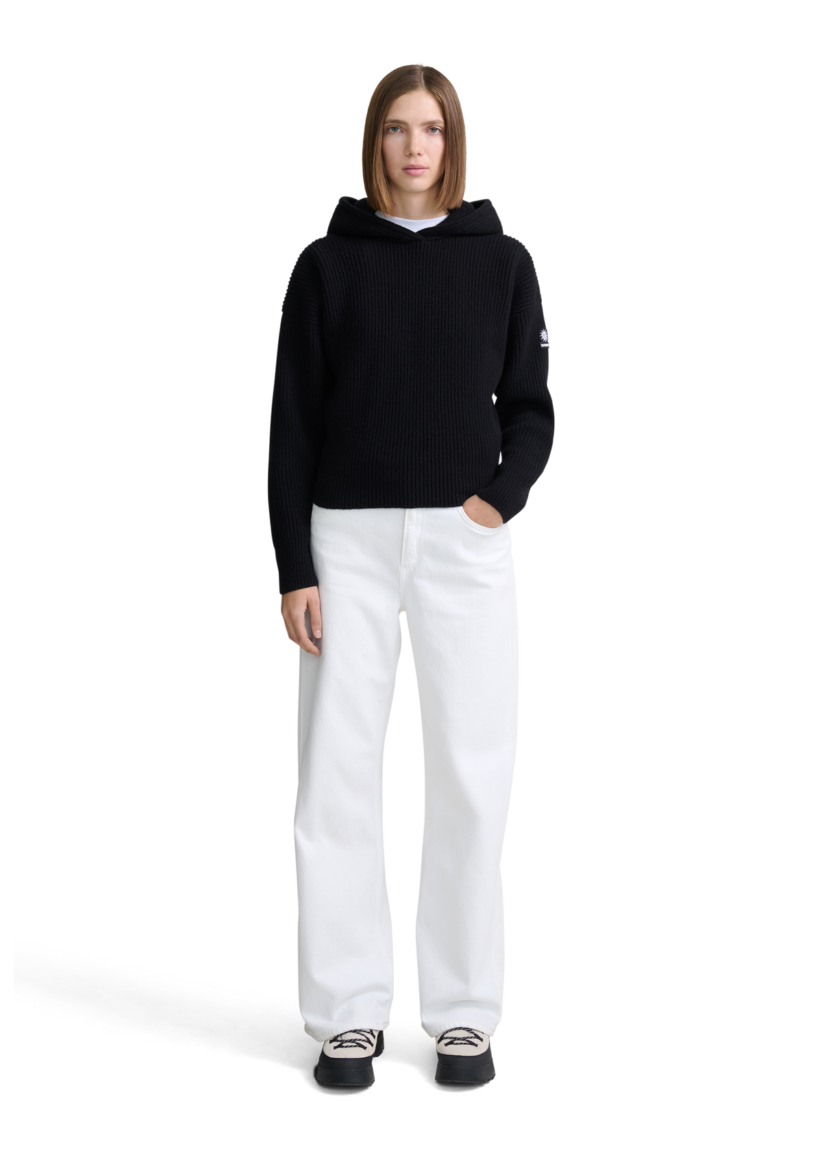Wool Ribbed Knit Hoodie - Black