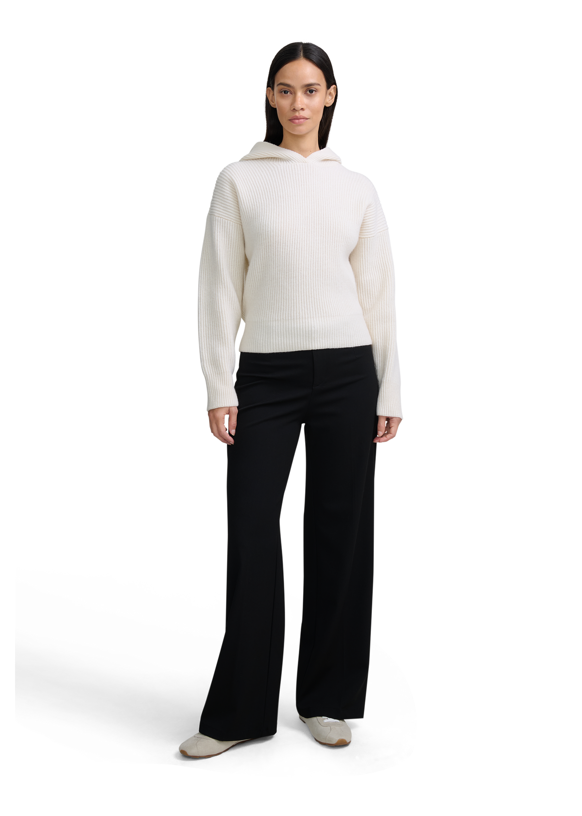 Wool Ribbed Knit Hoodie - Ecru
