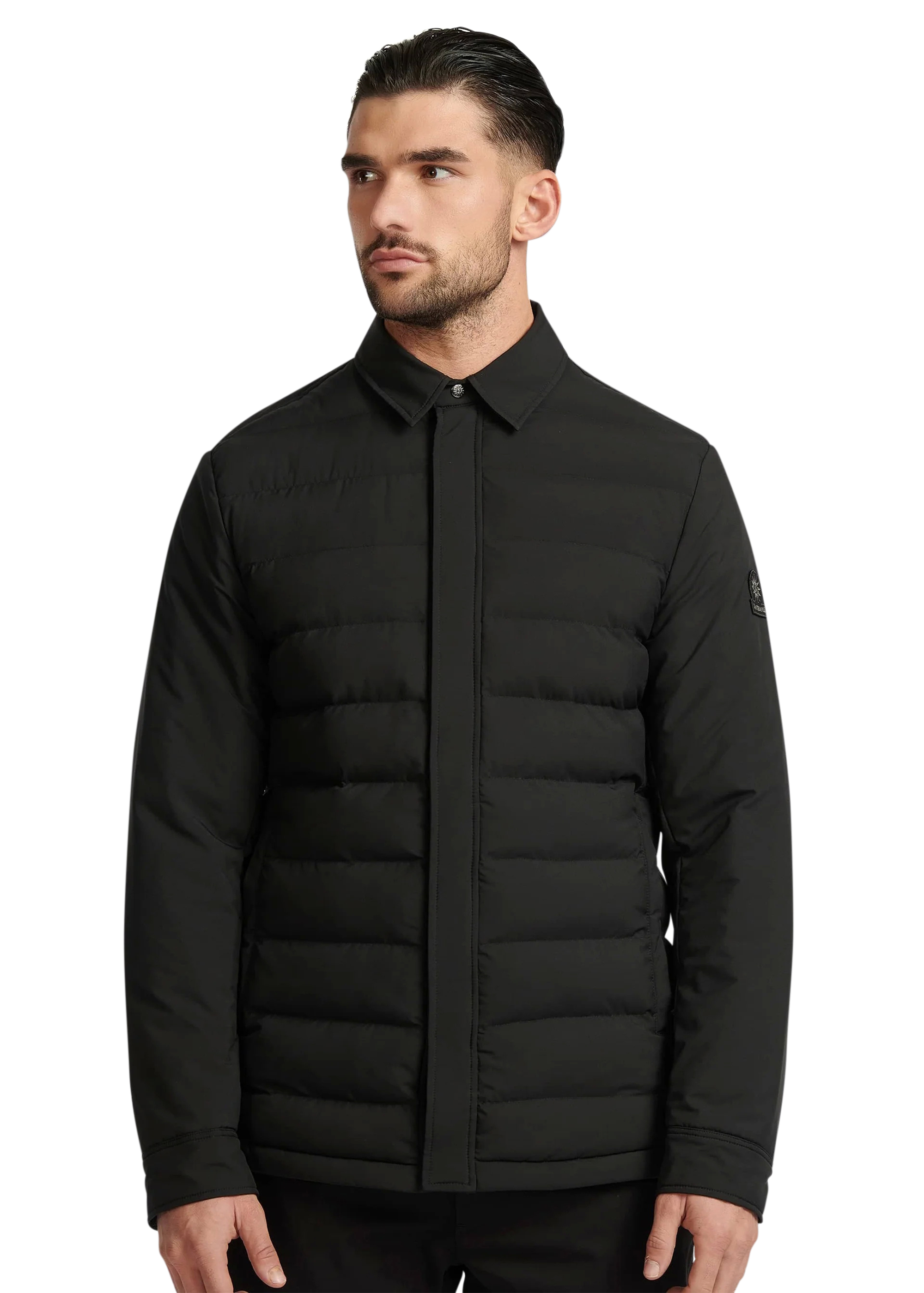 Man wearing a black puffer jacket on a white background