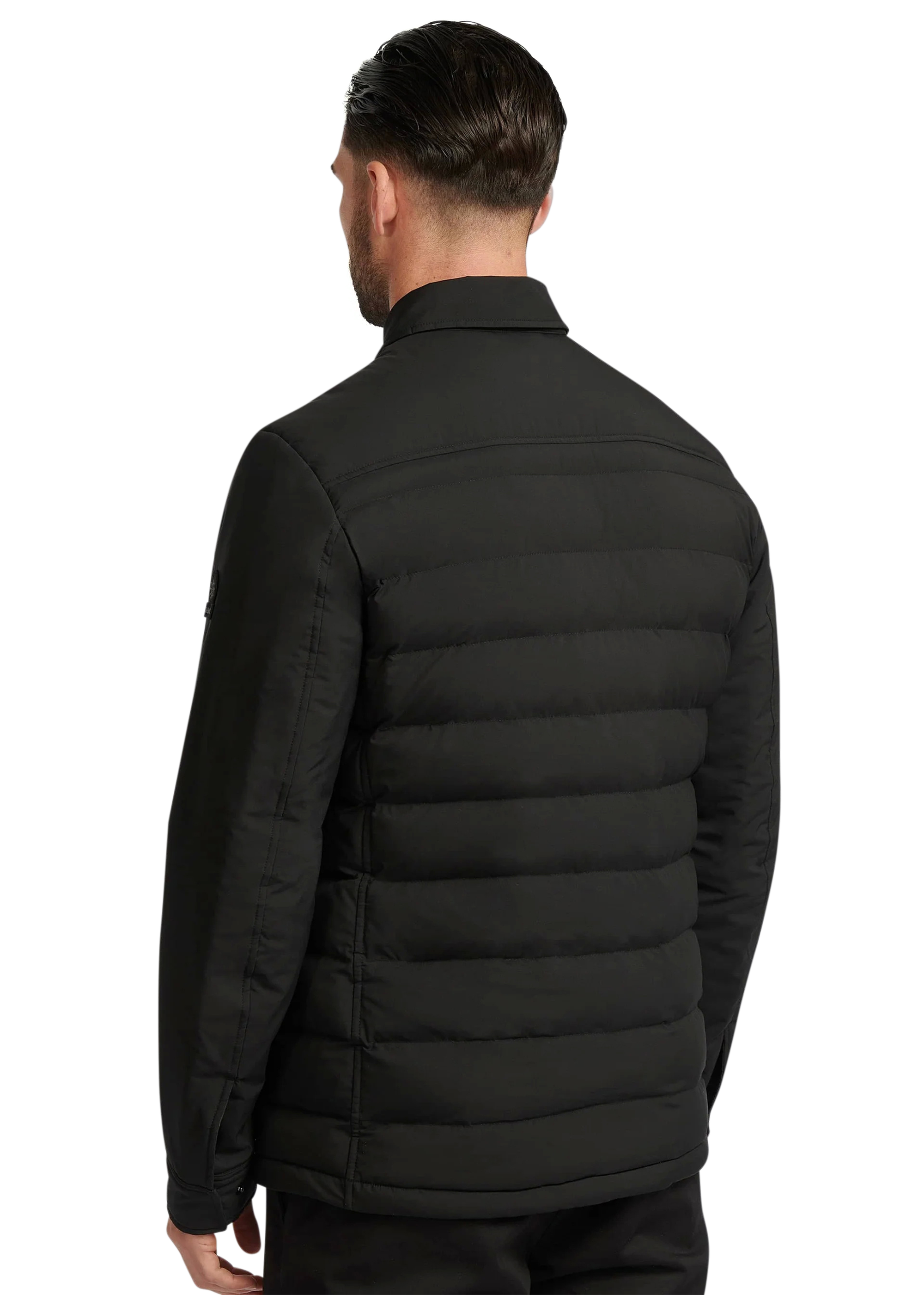 Man wearing a black puffer jacket on a white background