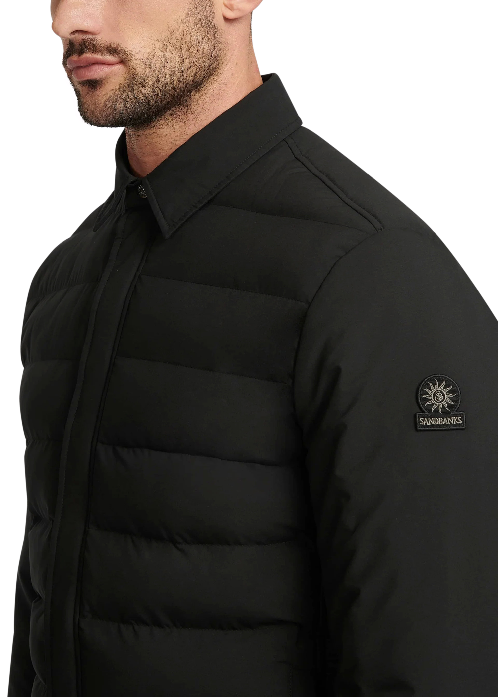Black puffer jacket with a brand logo on a white background