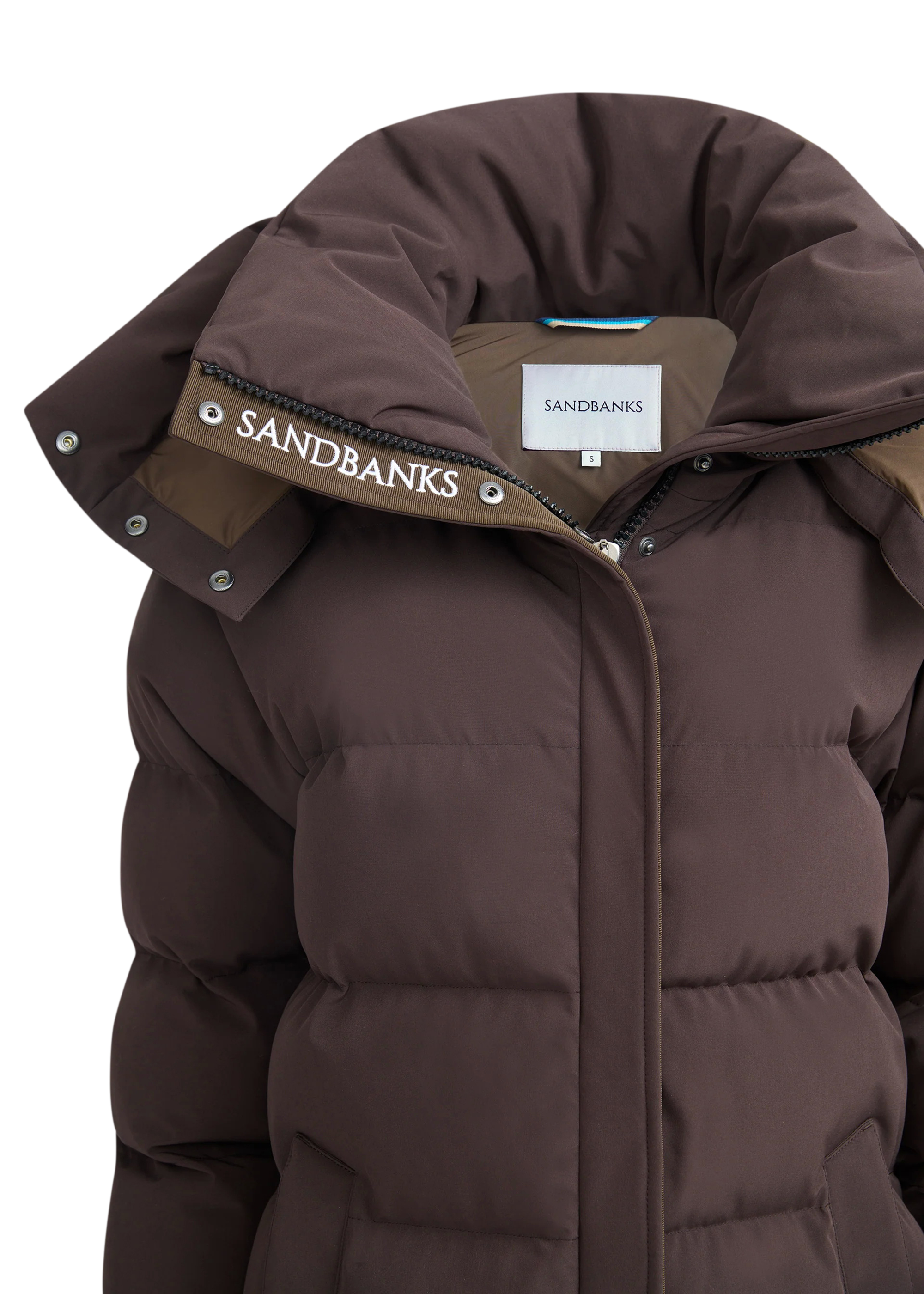 Brown puffer jacket with Sandbanks label on a white background