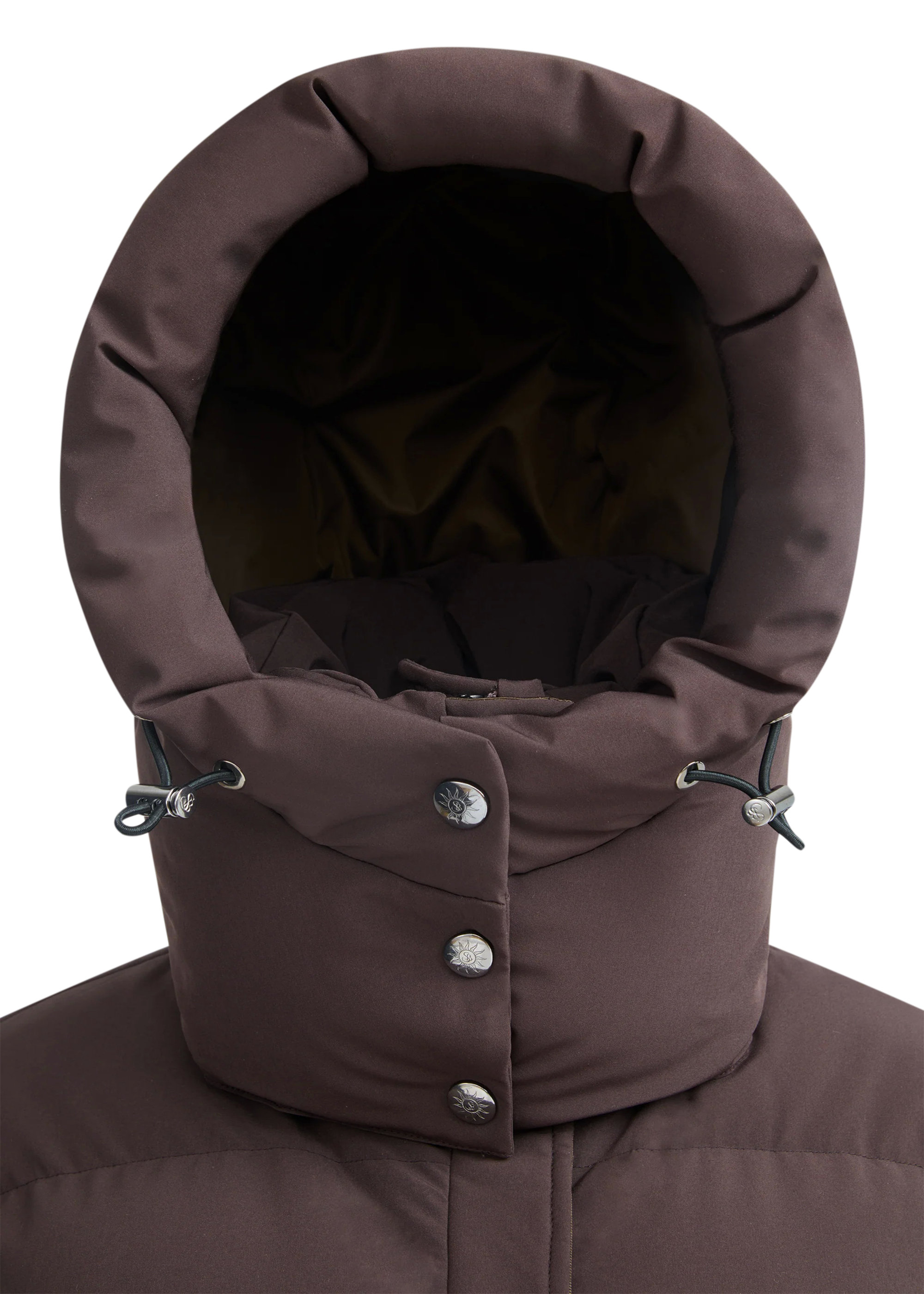 Close-up of a brown winter coat with a hood on a white background