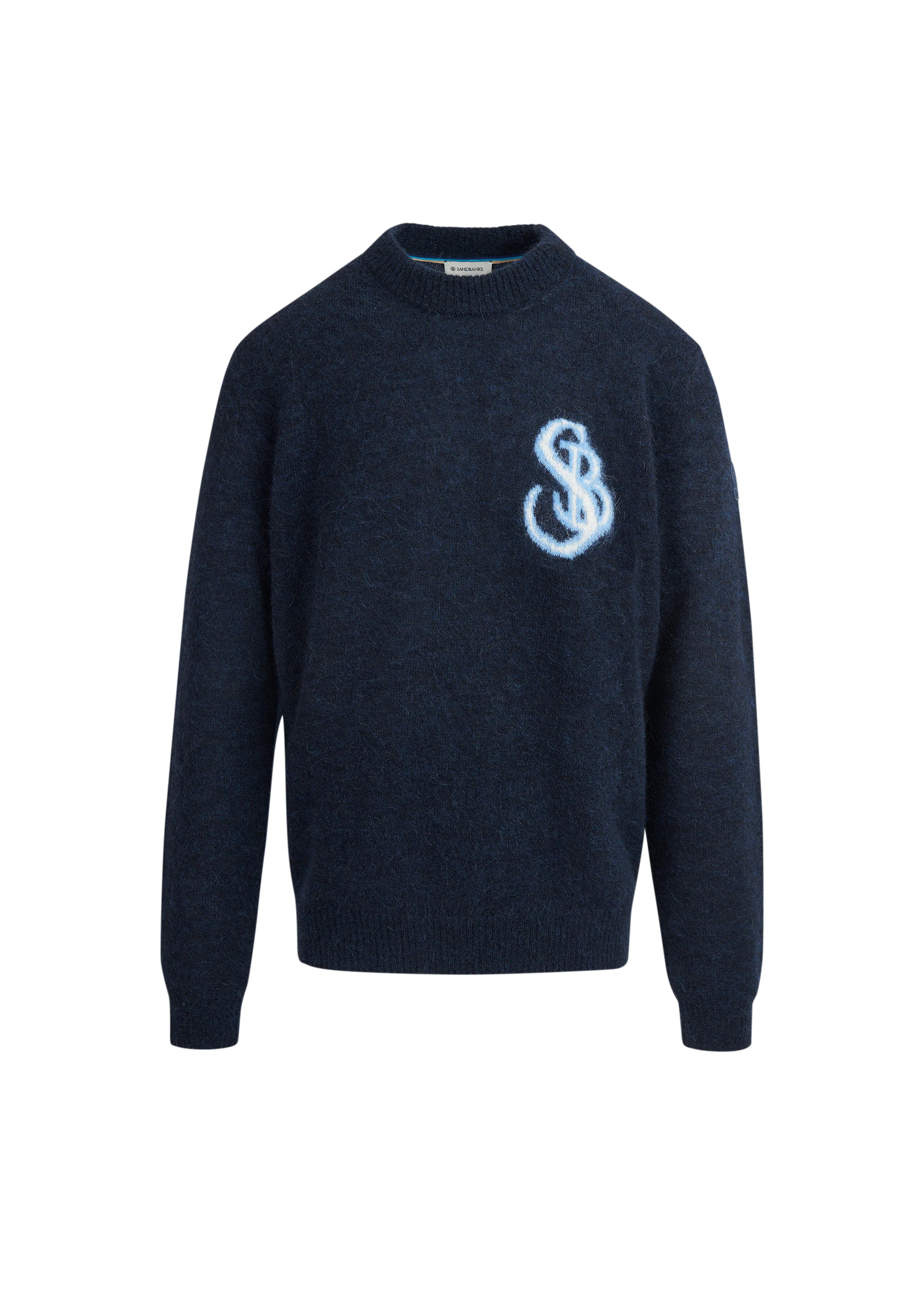 Navy sweater with a logo on a white background