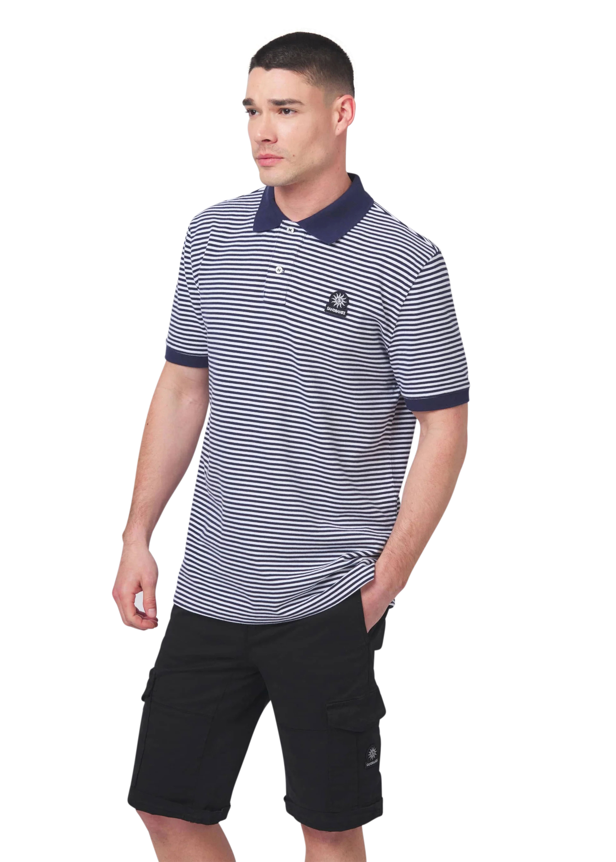 Sandbanks Badge Logo Stripe Polo Shirt - Navy