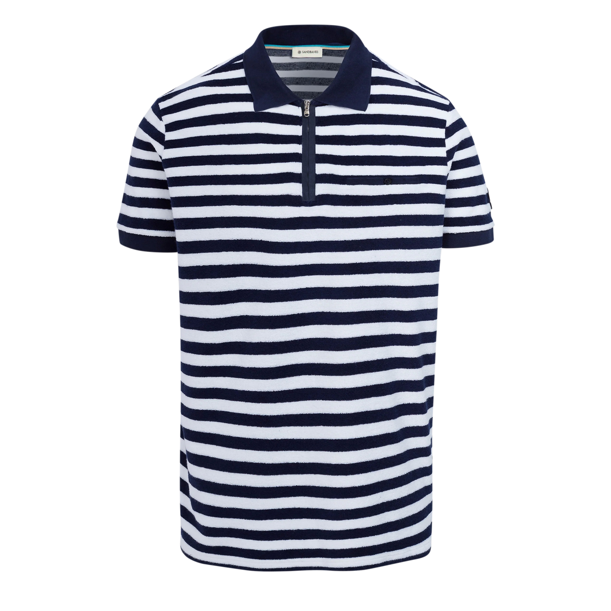 Sandbanks Striped Towelling Zip Polo Shirt - Navy/White