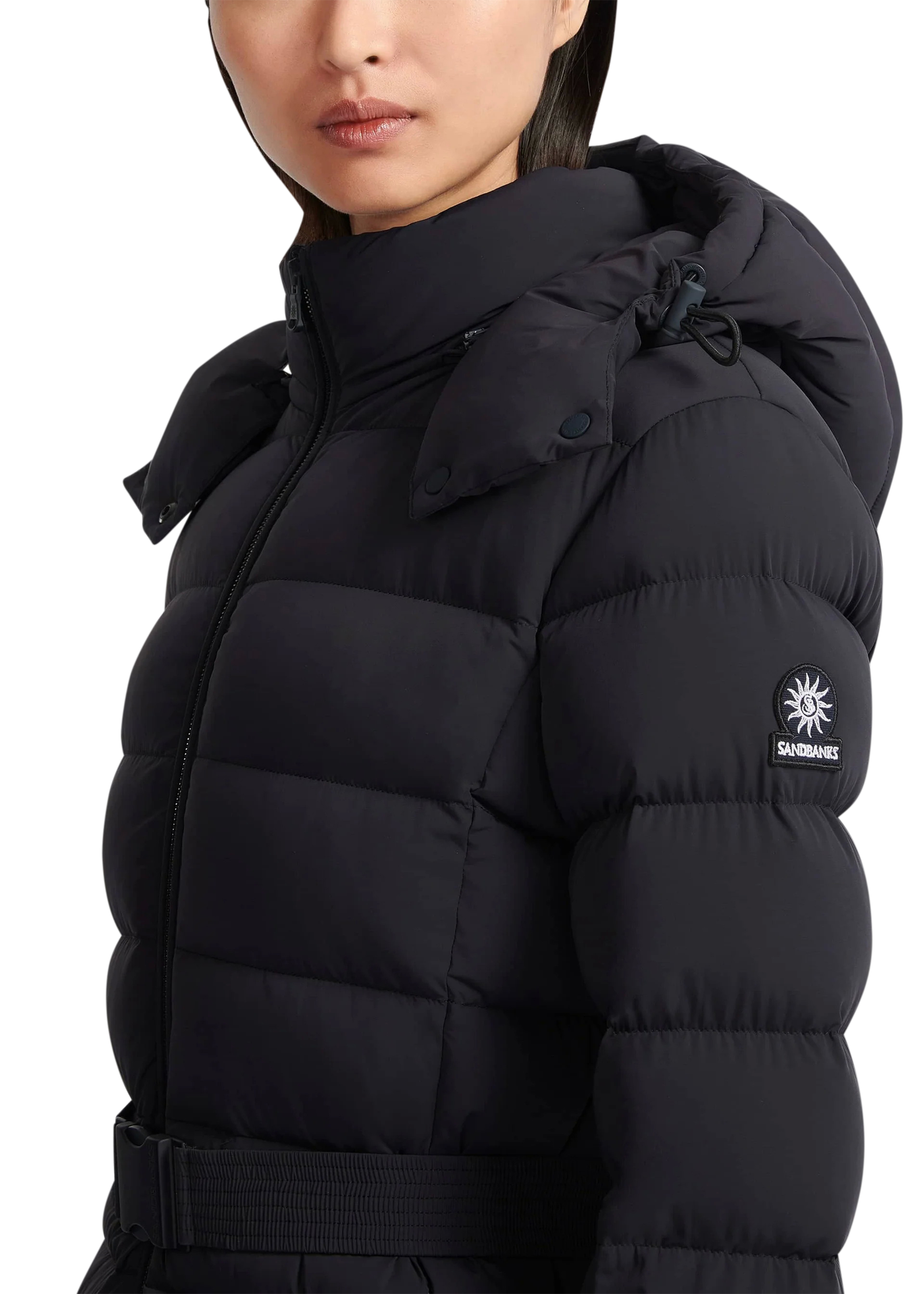 Black puffer jacket with a brand logo on a white background