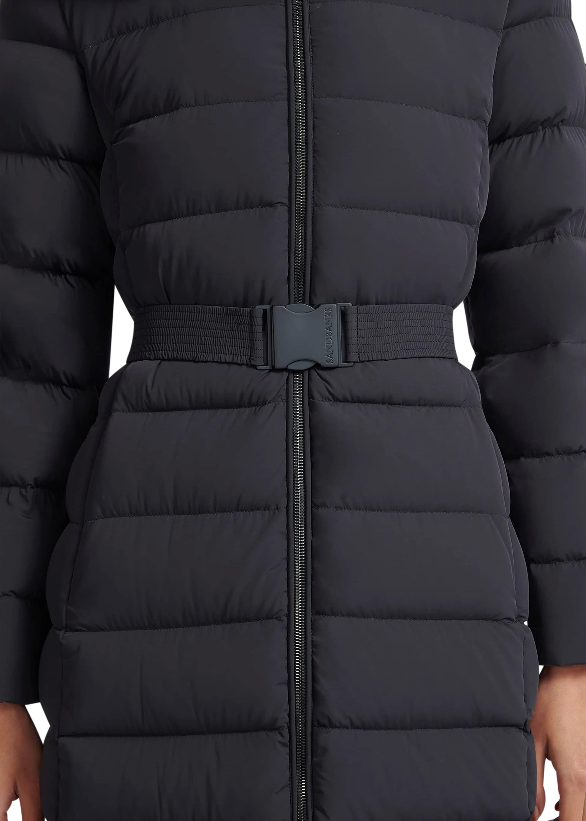 Close-up of a black puffer coat with a belt
