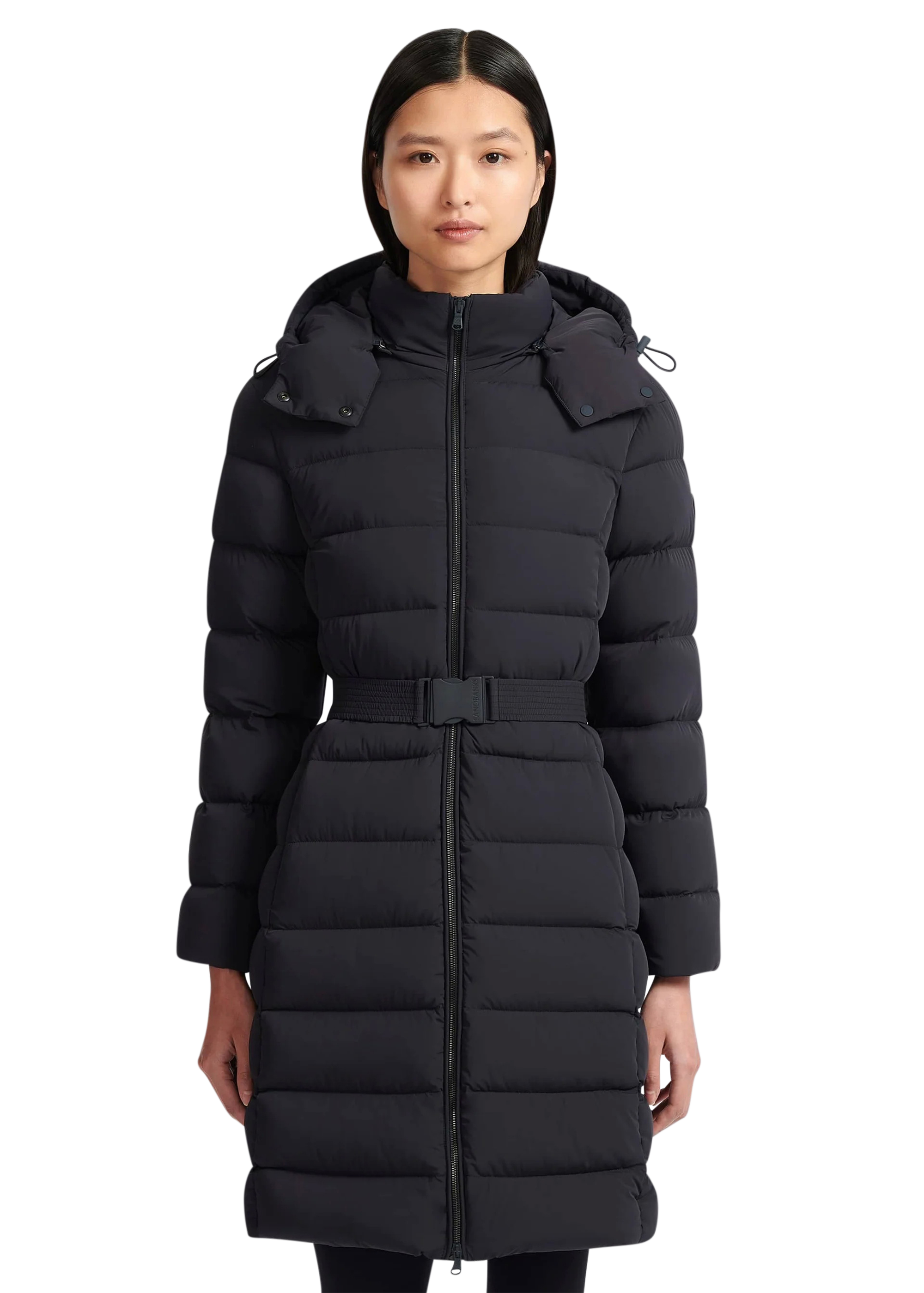 Woman wearing a black puffer coat on a white background