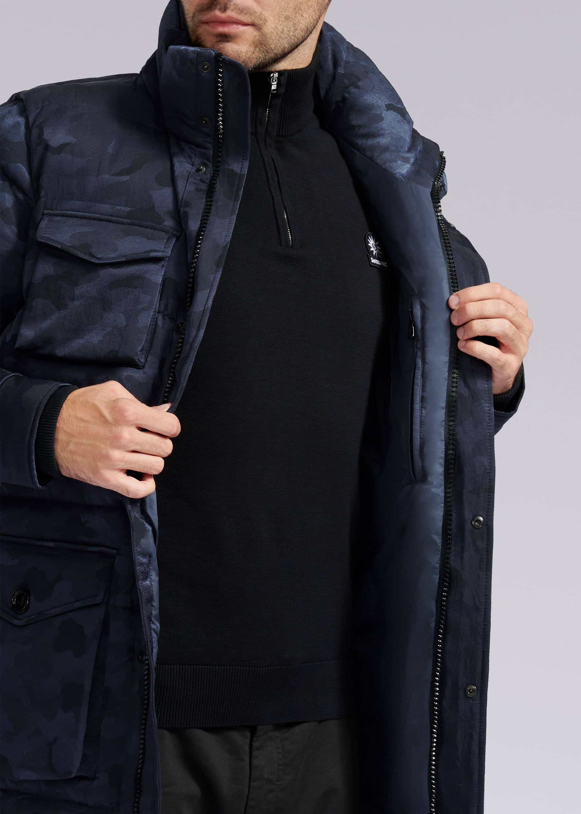 Sandbanks Carbon Collection ECONYL® Branksome Long Puffer Jacket - Navy Camo